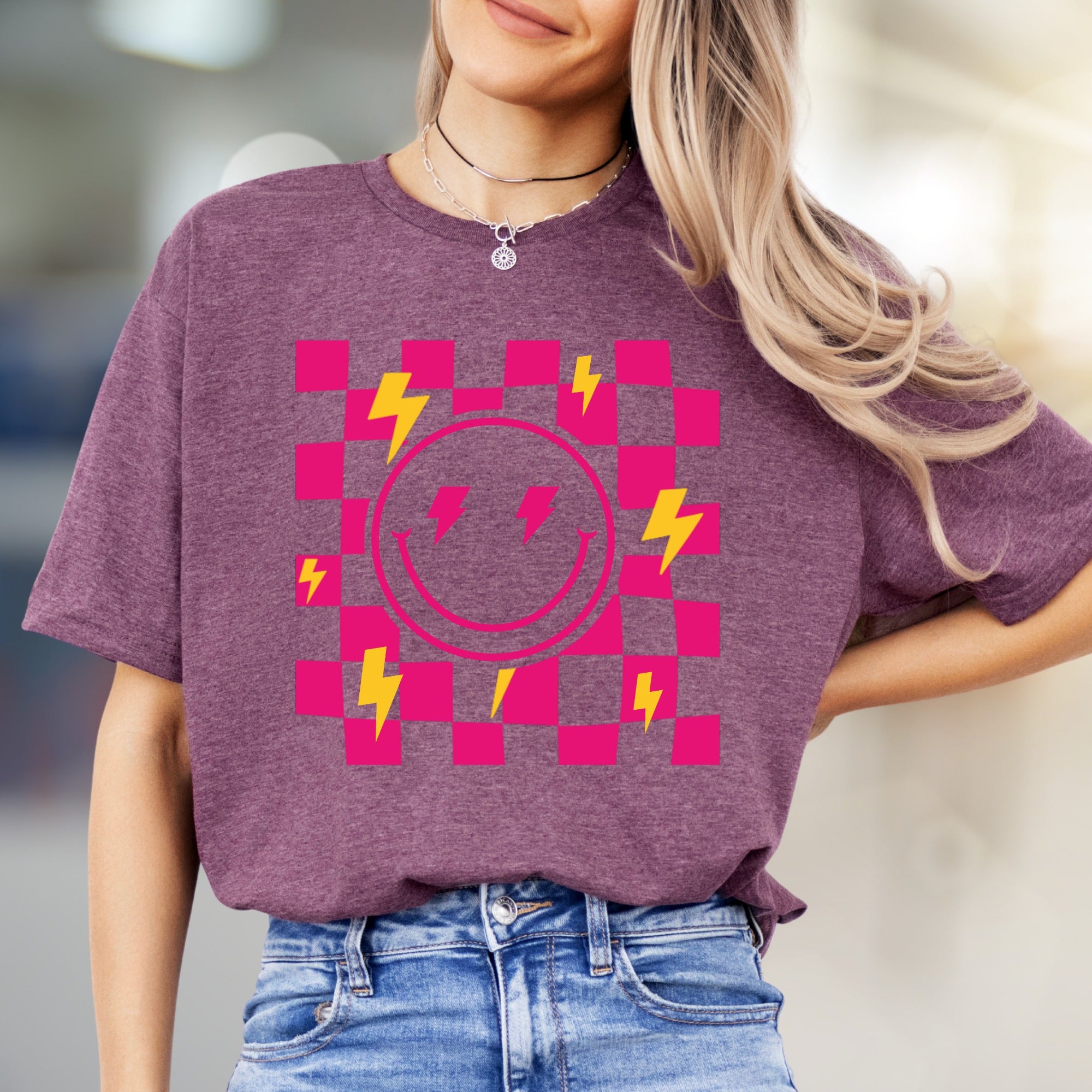 Neon Checkerboard Lightning Smiley Face Graphic Tee, a Bold Y2K Pick for Trendsetters