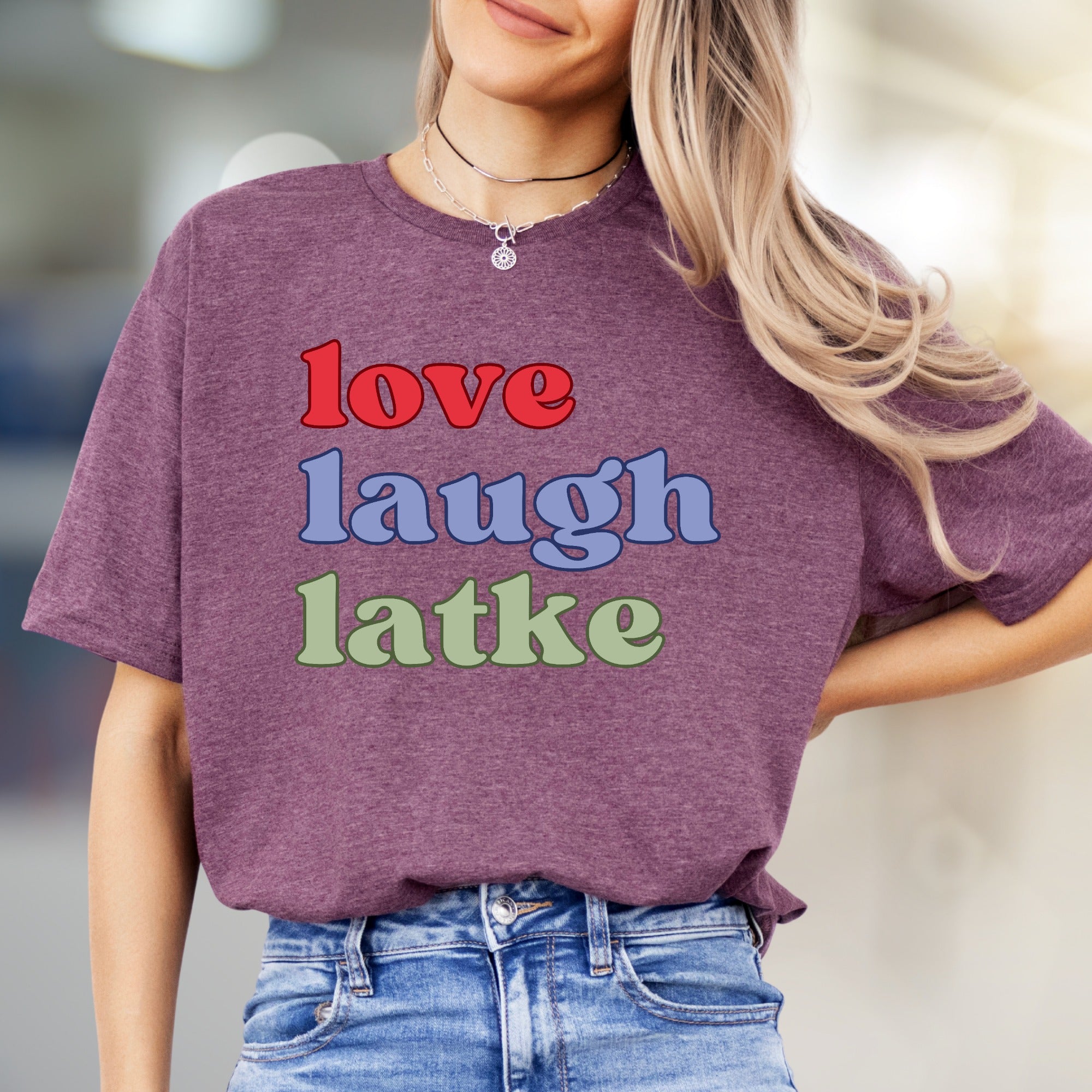 "love laugh latke" Whimsical Foodie Graphic Tee, a Humorous Pick for Latke Lovers