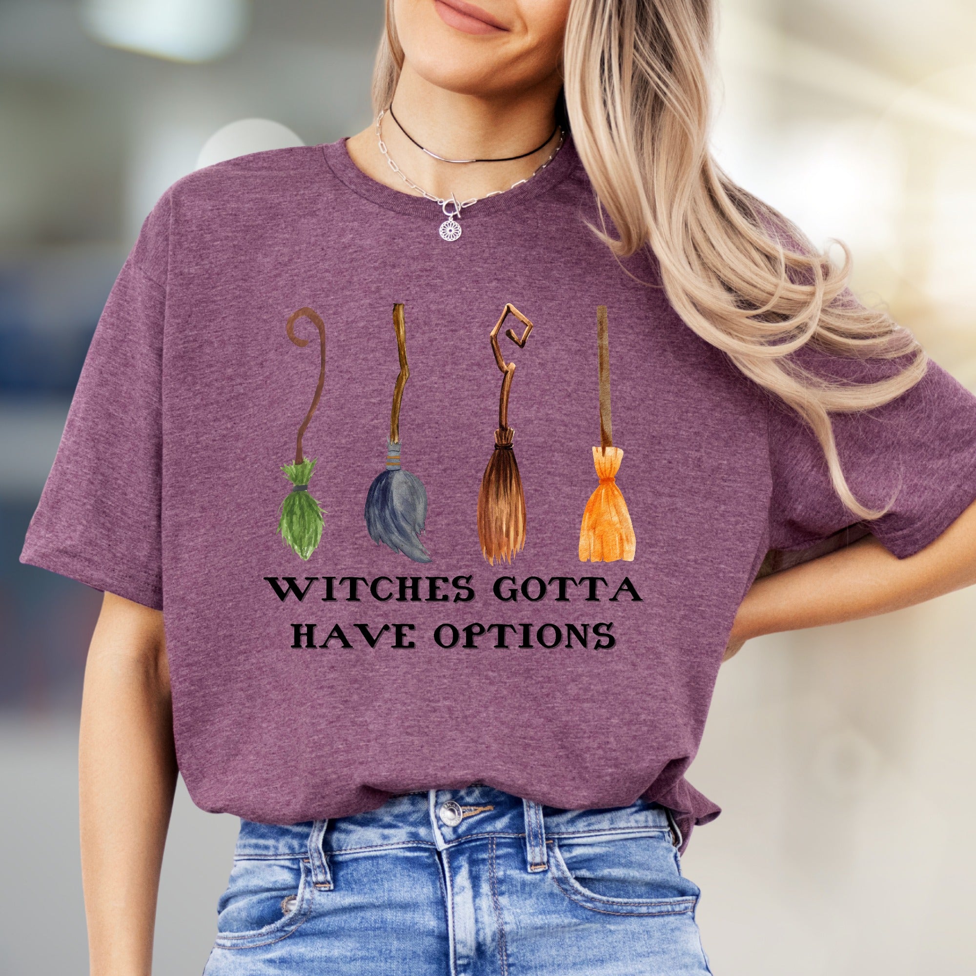 "Witches Gotta Have Options" Halloween Broomstick Graphic Tee, a Spooky Chic Pick for Witches