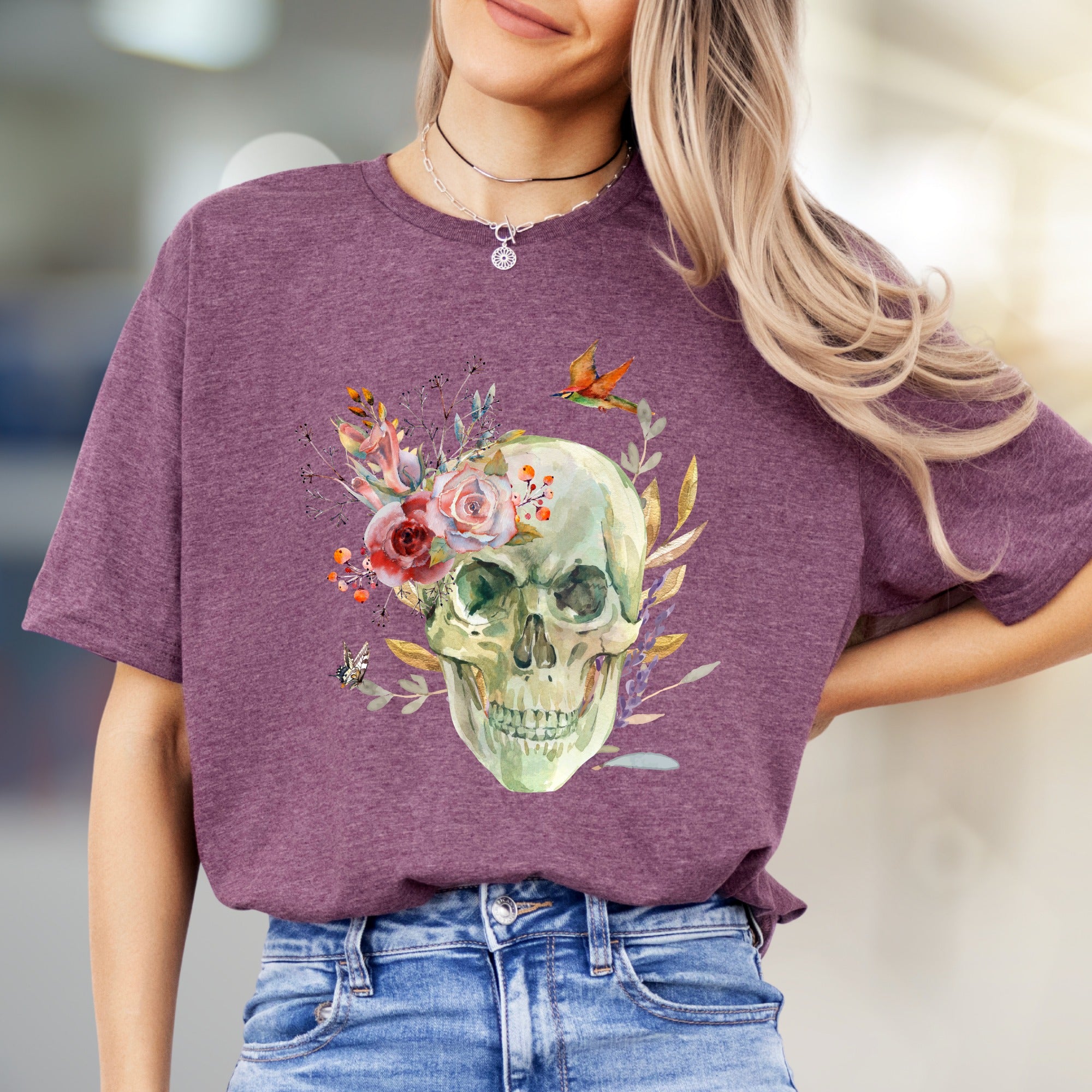 Floral Skull Watercolor Graphic Tee, a Nature-Inspired Pick for Art Lovers
