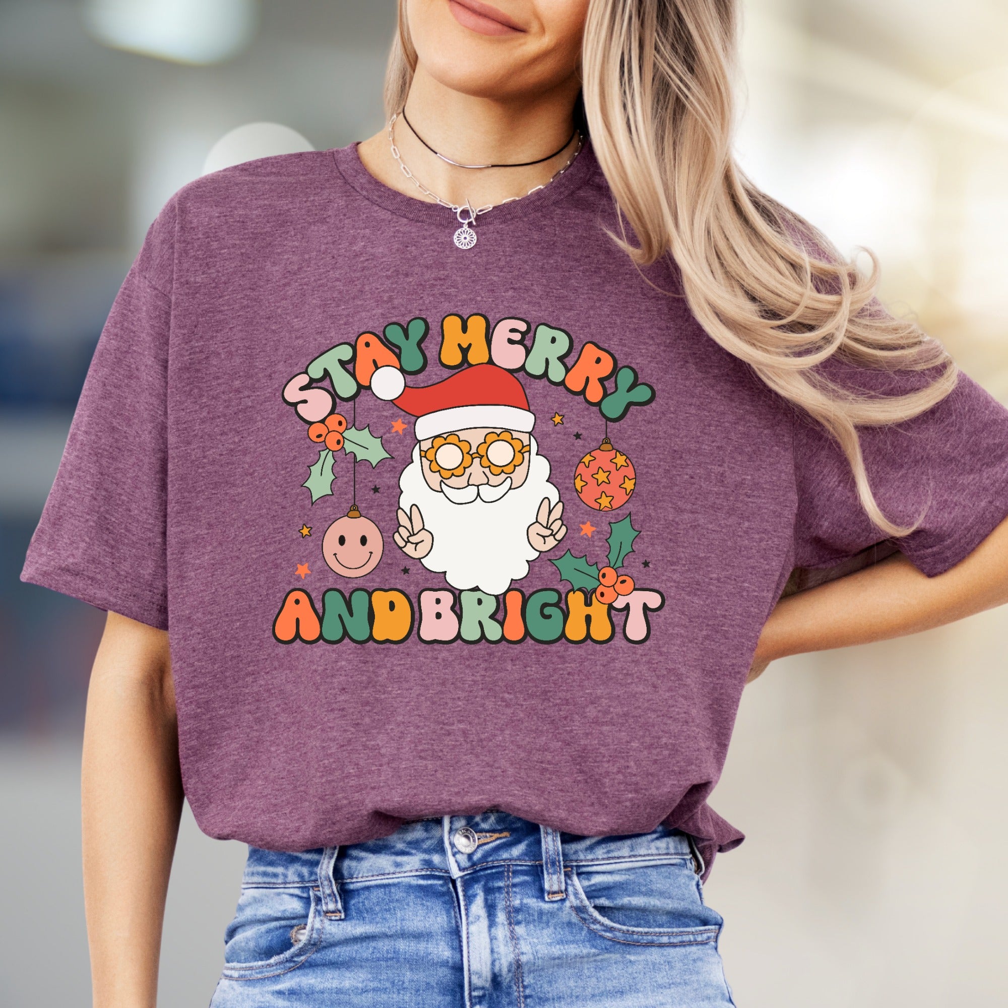 "Stay Merry And Bright" Retro Santa Graphic Tee, a Groovy Holiday Pick for Everyone