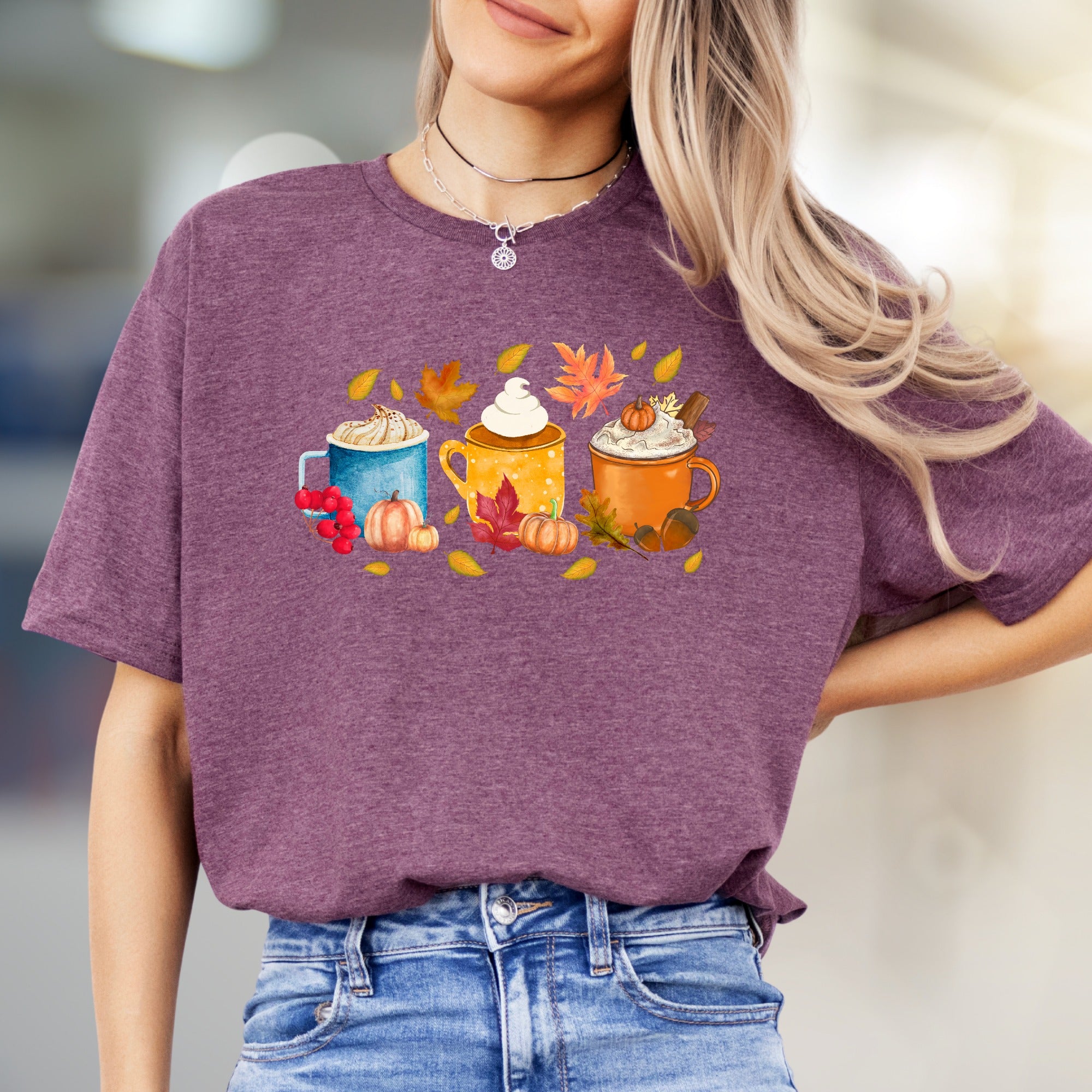 Autumn Coffee Mug Collage Graphic Tee, a Cozy Fall Fashion Pick for PSL Lovers