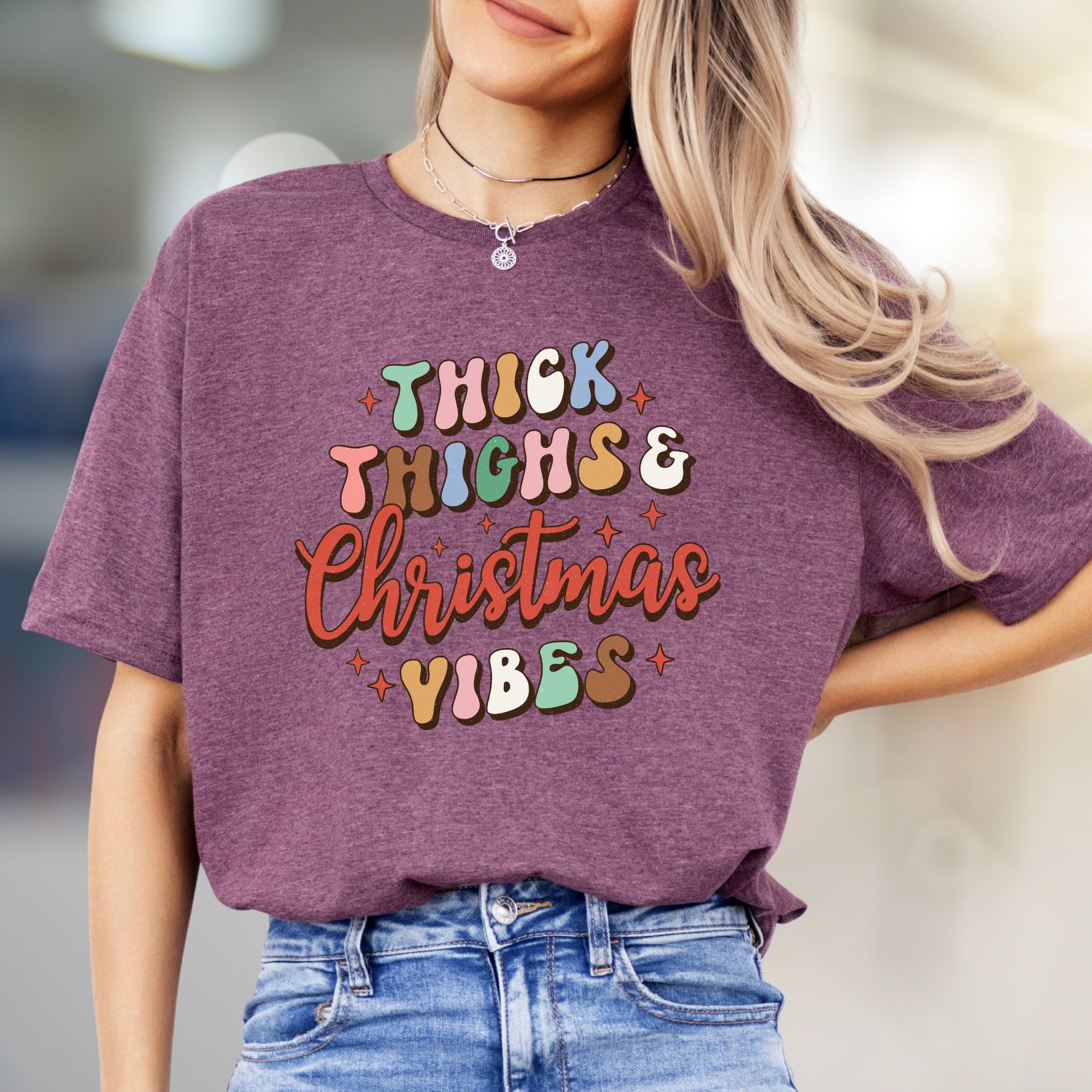 "Thick Thighs & Christmas Vibes" Retro Graphic Tee, a Festive Niche for Holiday Enthusiasts