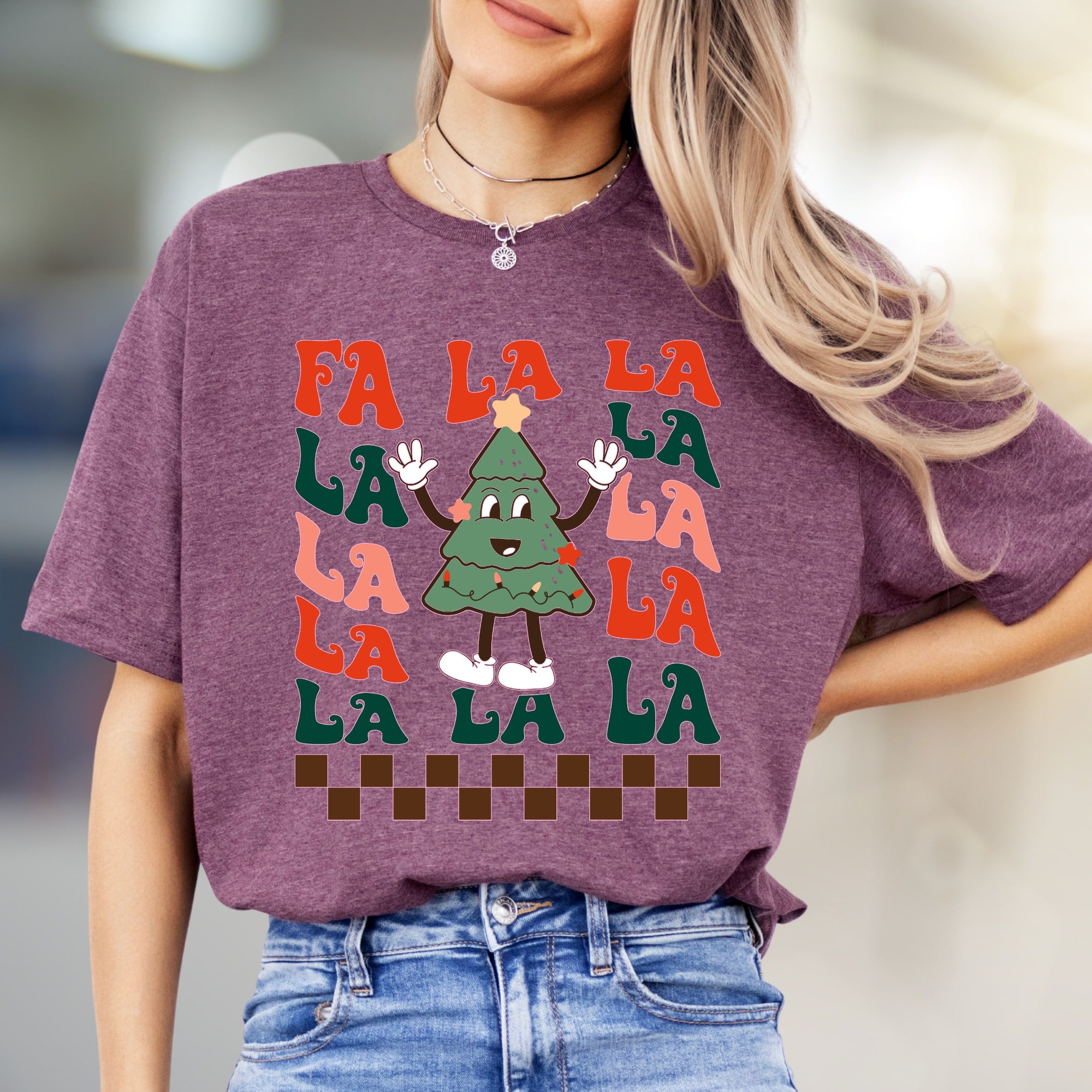 "FA LA LA" Retro Christmas Tree Graphic Tee, A Festive Holiday Pick for Enthusiasts