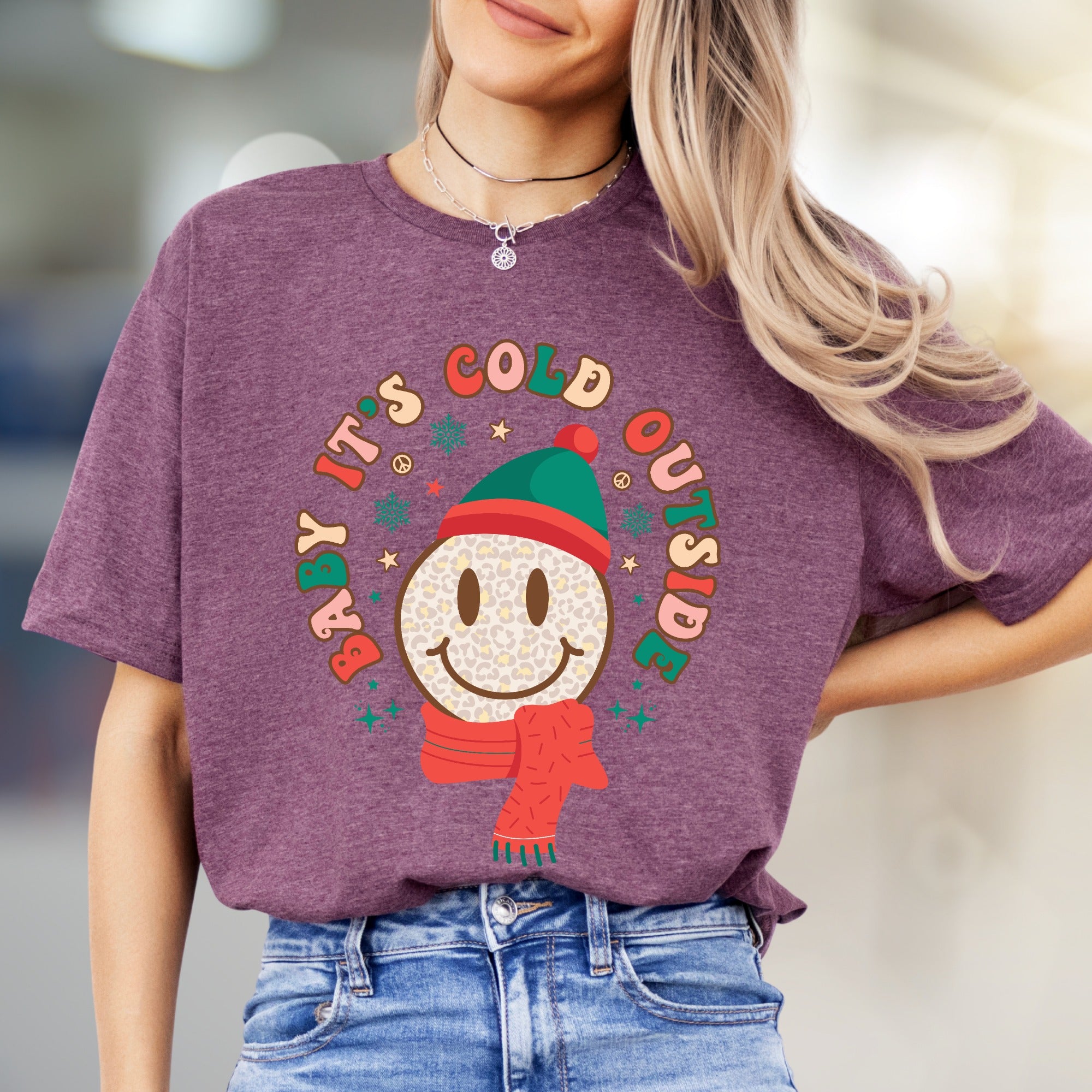 "Baby It's Cold Outside" Winter Smiley Graphic Tee, a Festive Comfort Pick for Holiday Lovers
