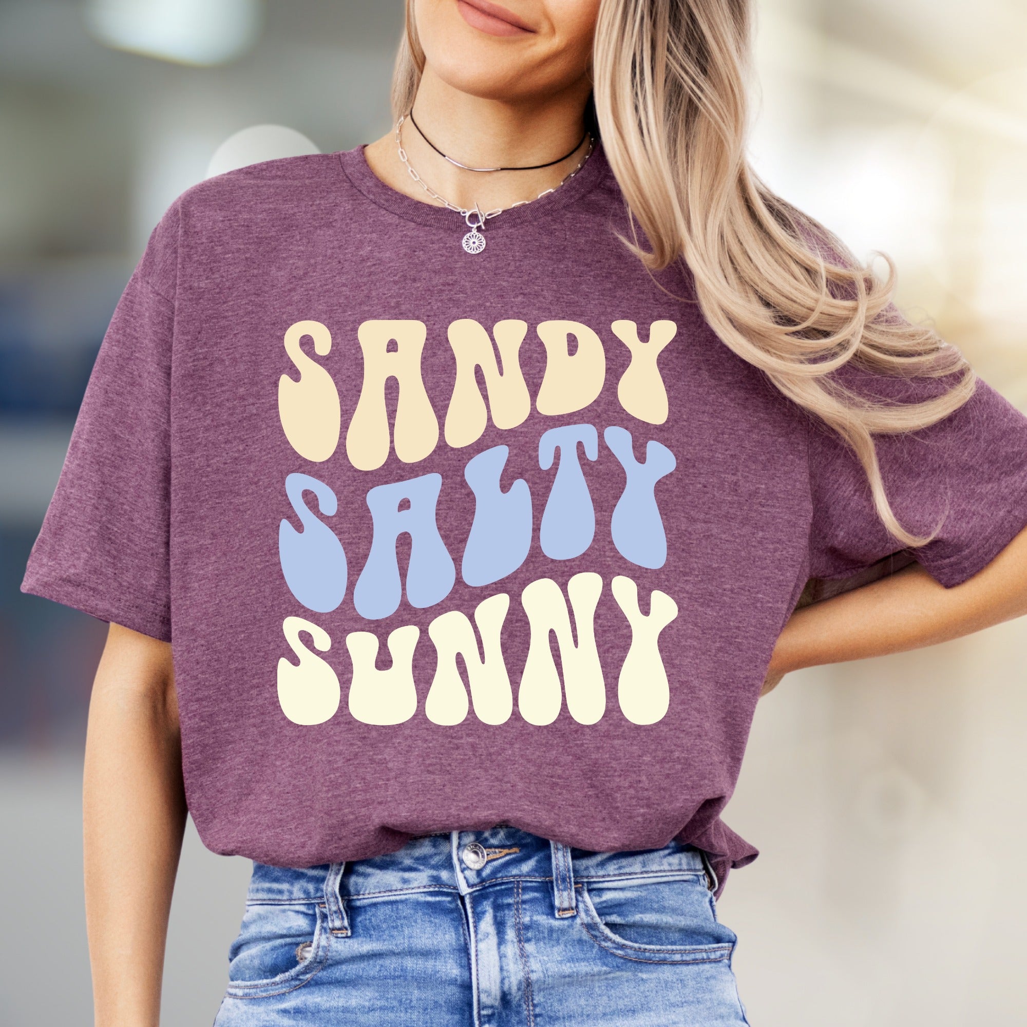 "Sandy Salty Sunny" Retro Summer Graphic Tee, a Beach Lover's Relaxed Pick
