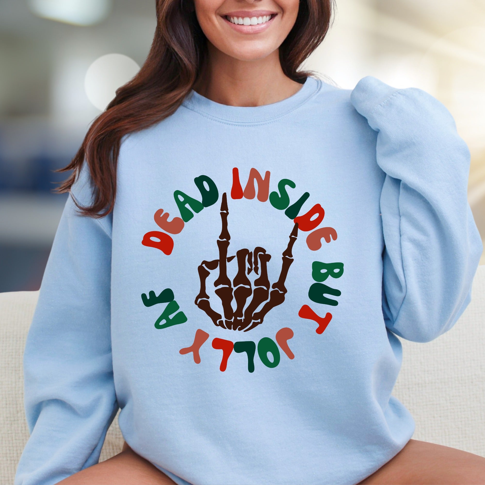 "Dead Inside But Jolly" Spooky Christmas Graphic Sweatshirt, a Humorous Holiday Pick for Rebels