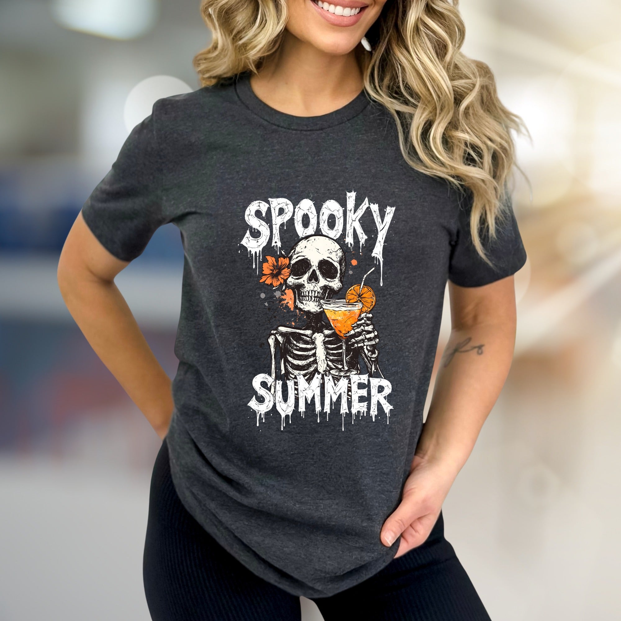 "Spooky Summer" Skeleton Cocktail Graphic Tee, a Gothic Beach Pick for Dark Humor Enthusiasts
