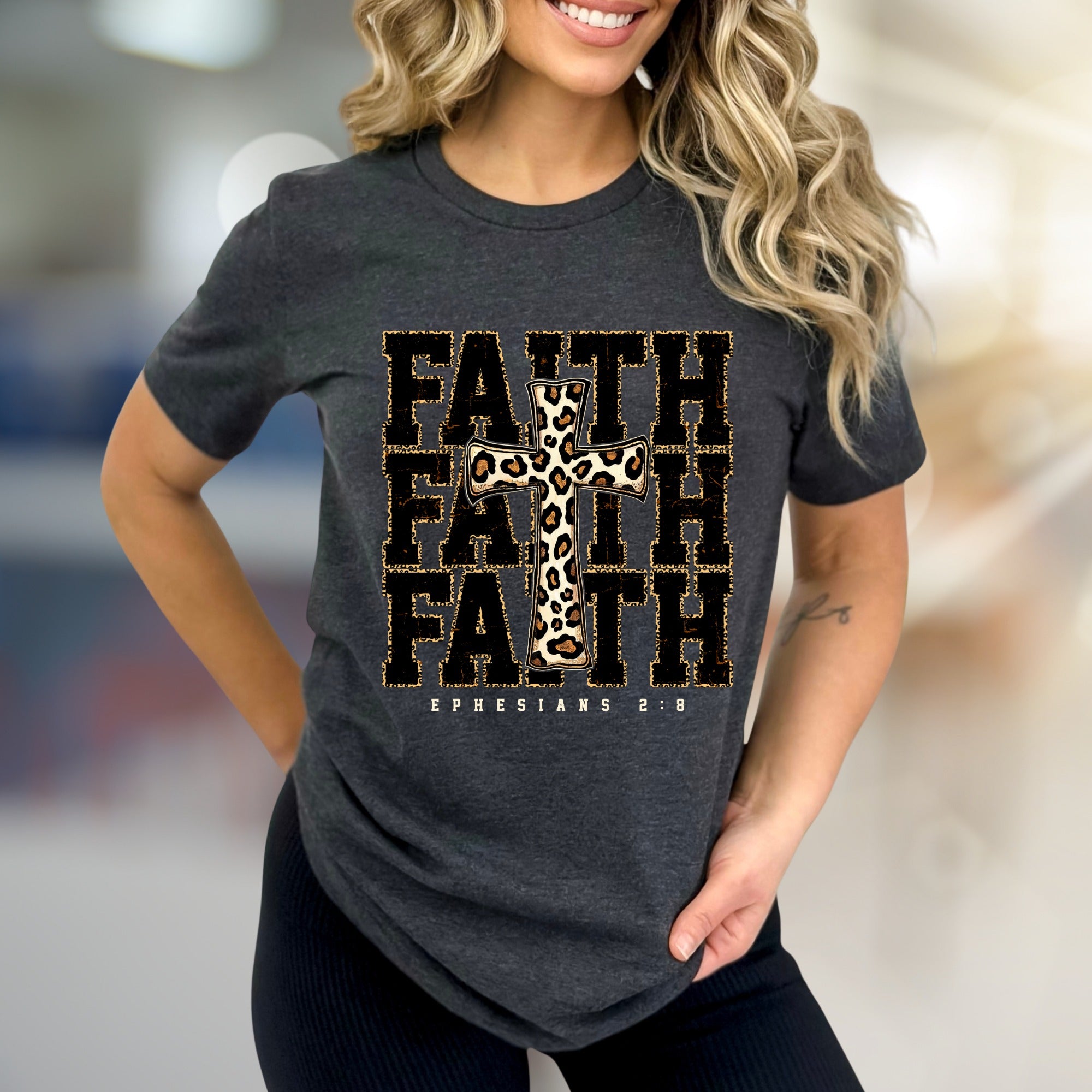 "Faith Ephesians 2:8" Leopard Print Cross Graphic Tee, a Spiritual Boho Pick for Believers