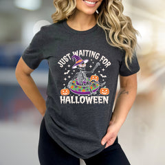 "JUST WAITING FOR HALLOWEEN" Spooky Skeleton Graphic Tee, a Funny Holiday Pick for Spooky Season Lovers