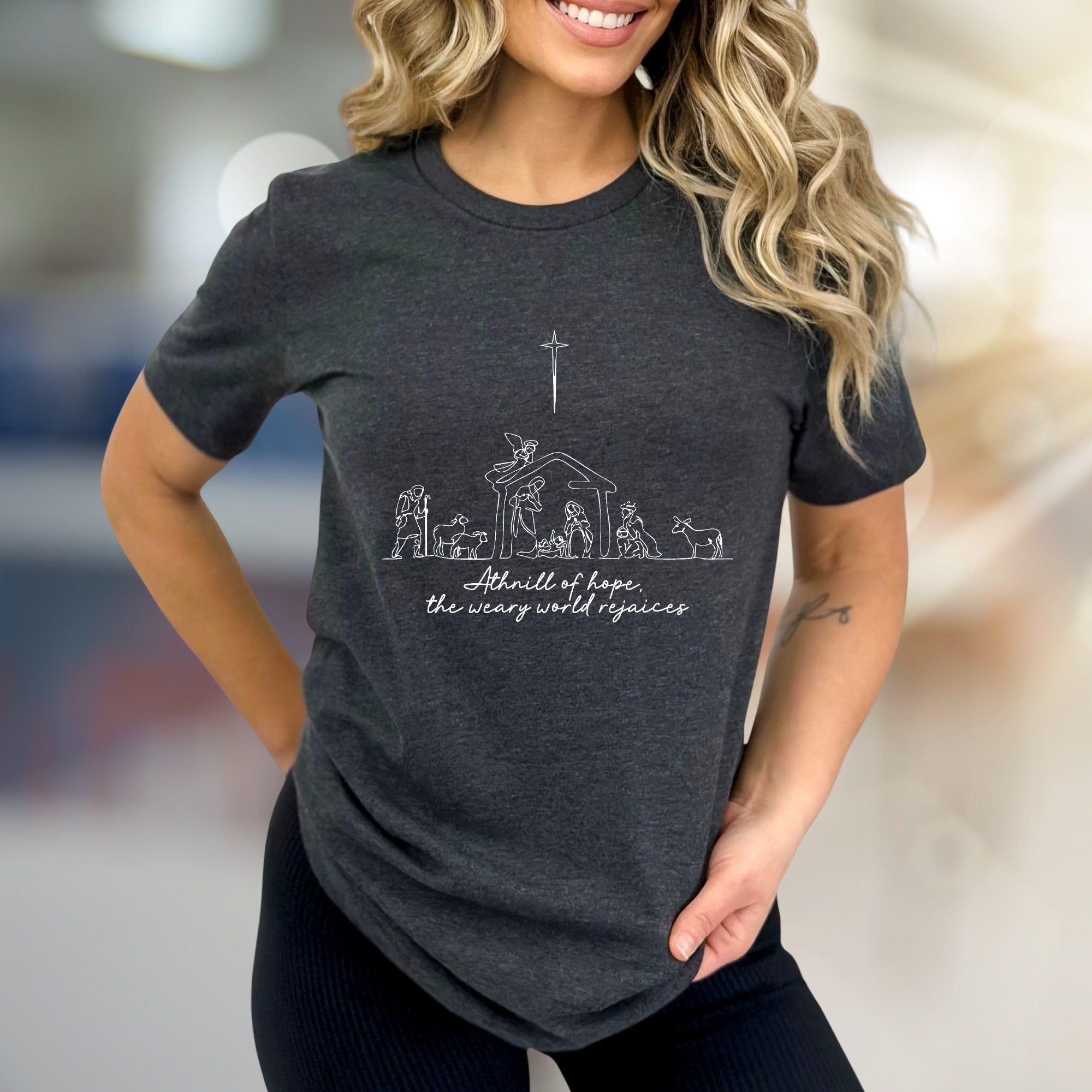 "A thrill of hope, the weary world rejoices" Nativity Scene Graphic Tee, a Holiday Pick for Believers