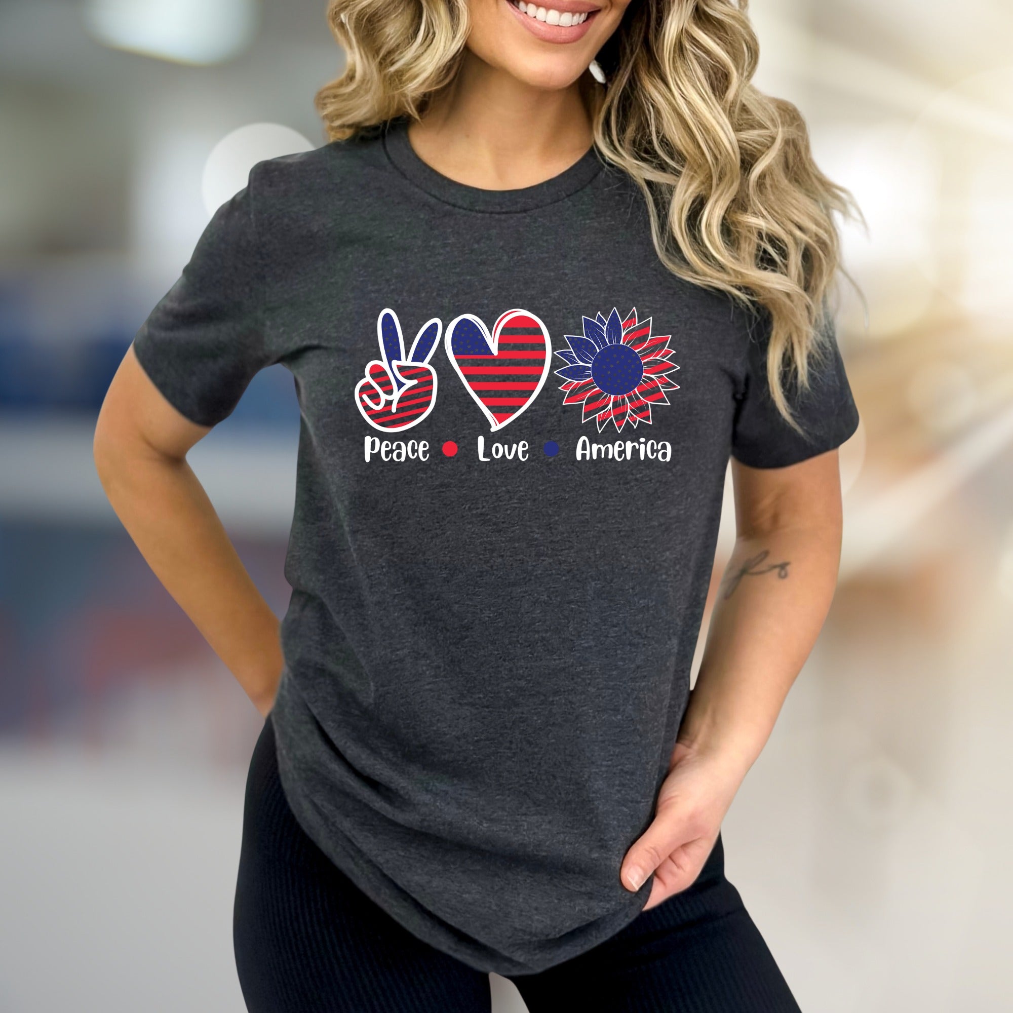 "Peace Love America" Patriotic Sunflower Graphic Tee, a Summer Celebration Pick for Everyone