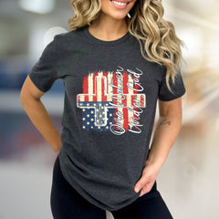 "One Nation Under God" Distressed Flag Cross Tee, a Patriotic Faith Statement