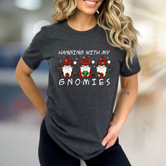 "Hanging With My Gnomies" Festive Plaid Gnomes Graphic Tee, a Whimsical Pick for Holiday Fun