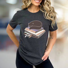 Sleeping Cat on Books Graphic Tee, a Cozy Literary Pick for Book Lovers