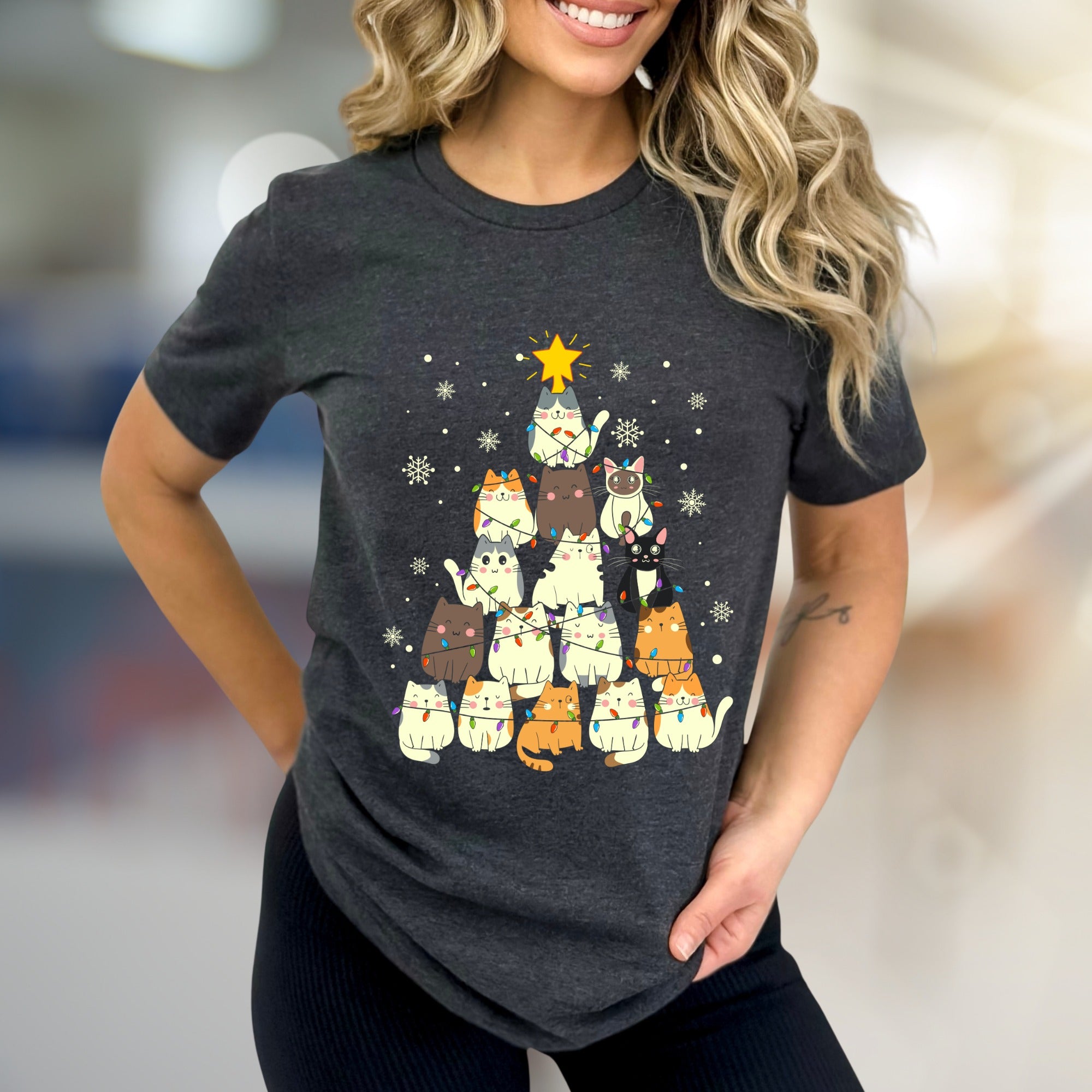 Charming Cat Christmas Tree Graphic Tee, A Cozy Holiday Pick for Pet Lovers