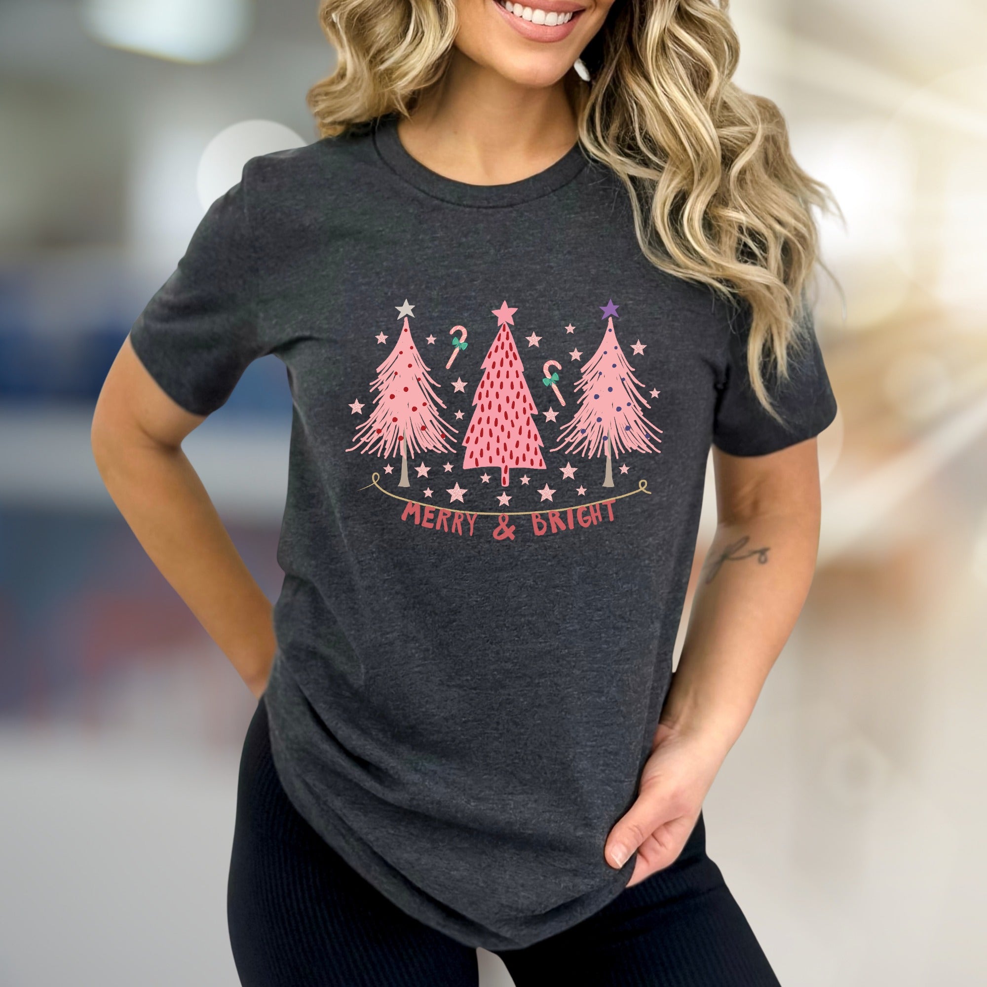 "Merry & Bright" Festive Christmas Trees Graphic Tee, a Whimsical Pick for Holiday Enthusiasts
