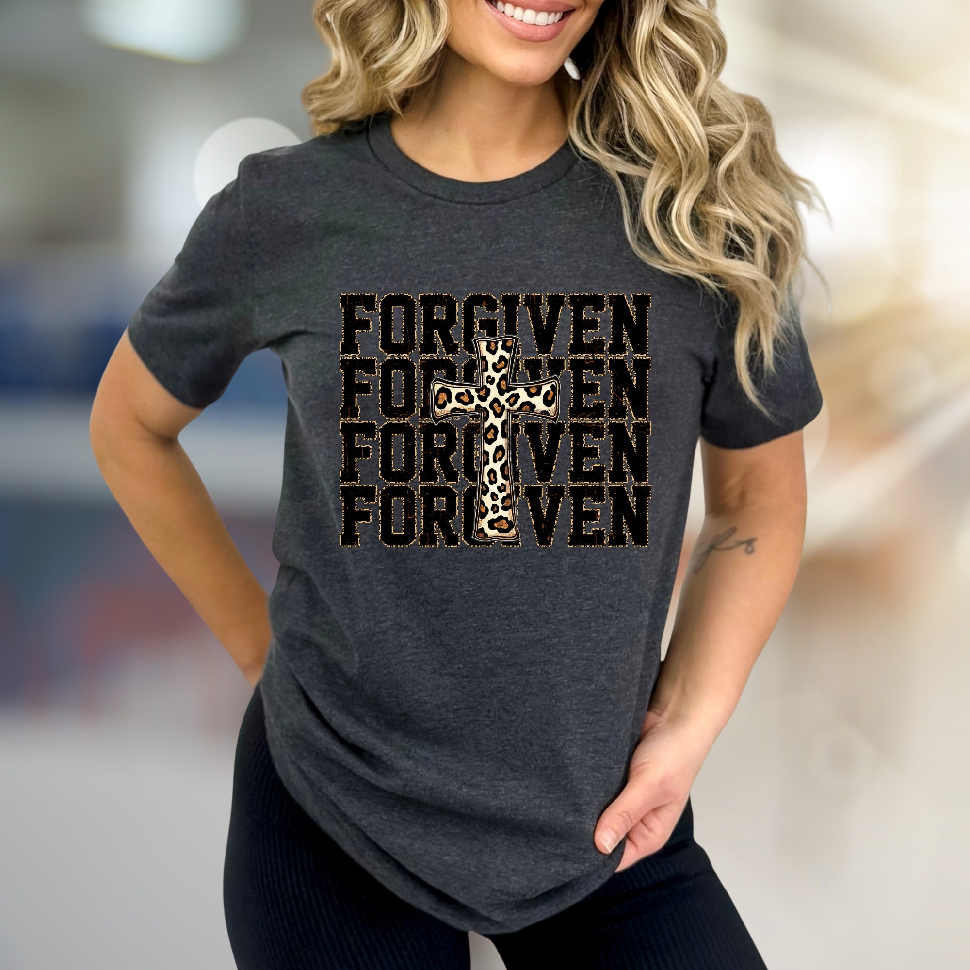 "FORGIVEN" Leopard Cross Graphic Tee, a Faith-Inspired Statement for Believers