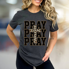 "PRAY" Leopard Print Cross Graphic Tee, a Faith-Inspired Western Pick for Her