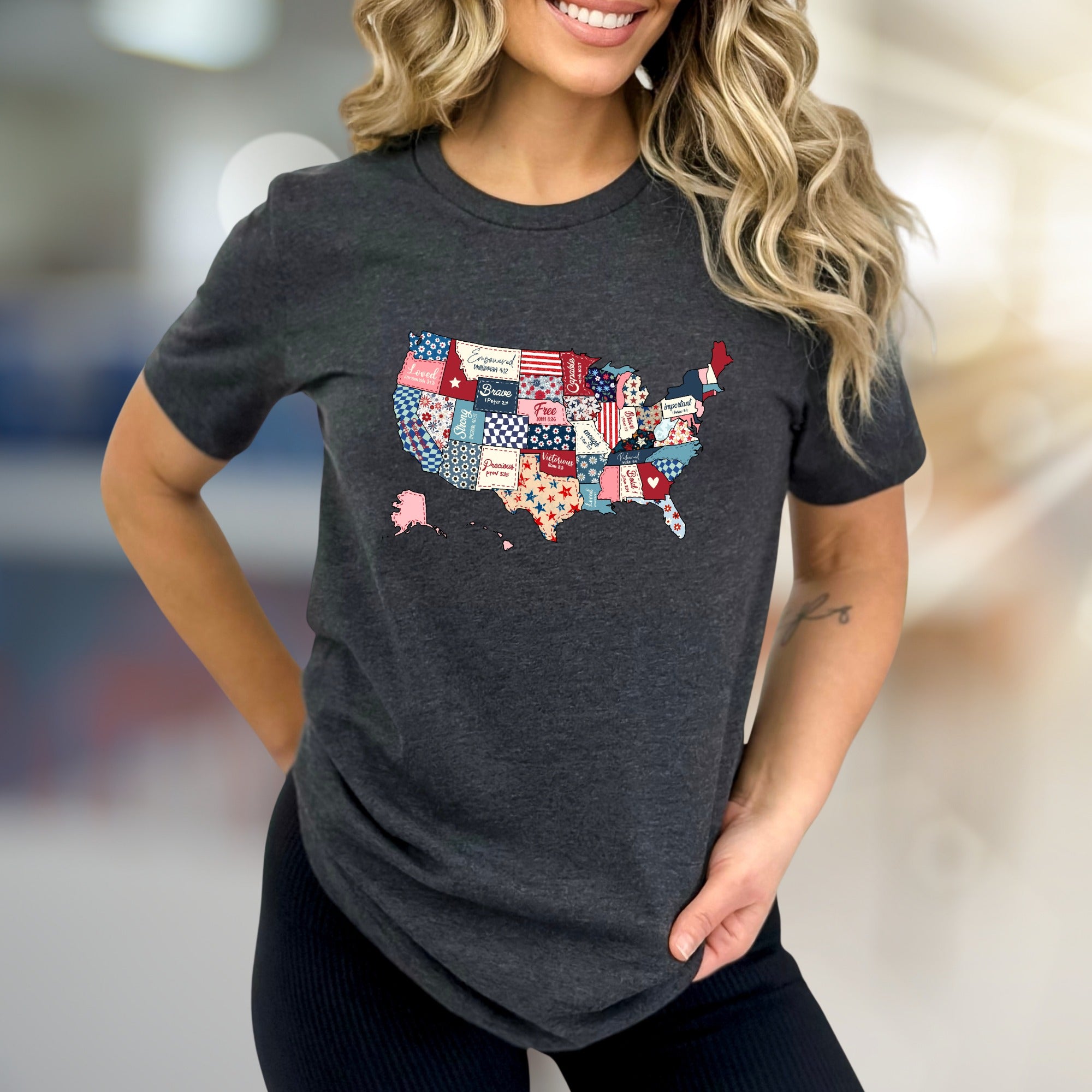 "Loved. Empowered. Brave." Christian Patchwork USA Graphic Tee, a Faith-Inspired Pick for Believers