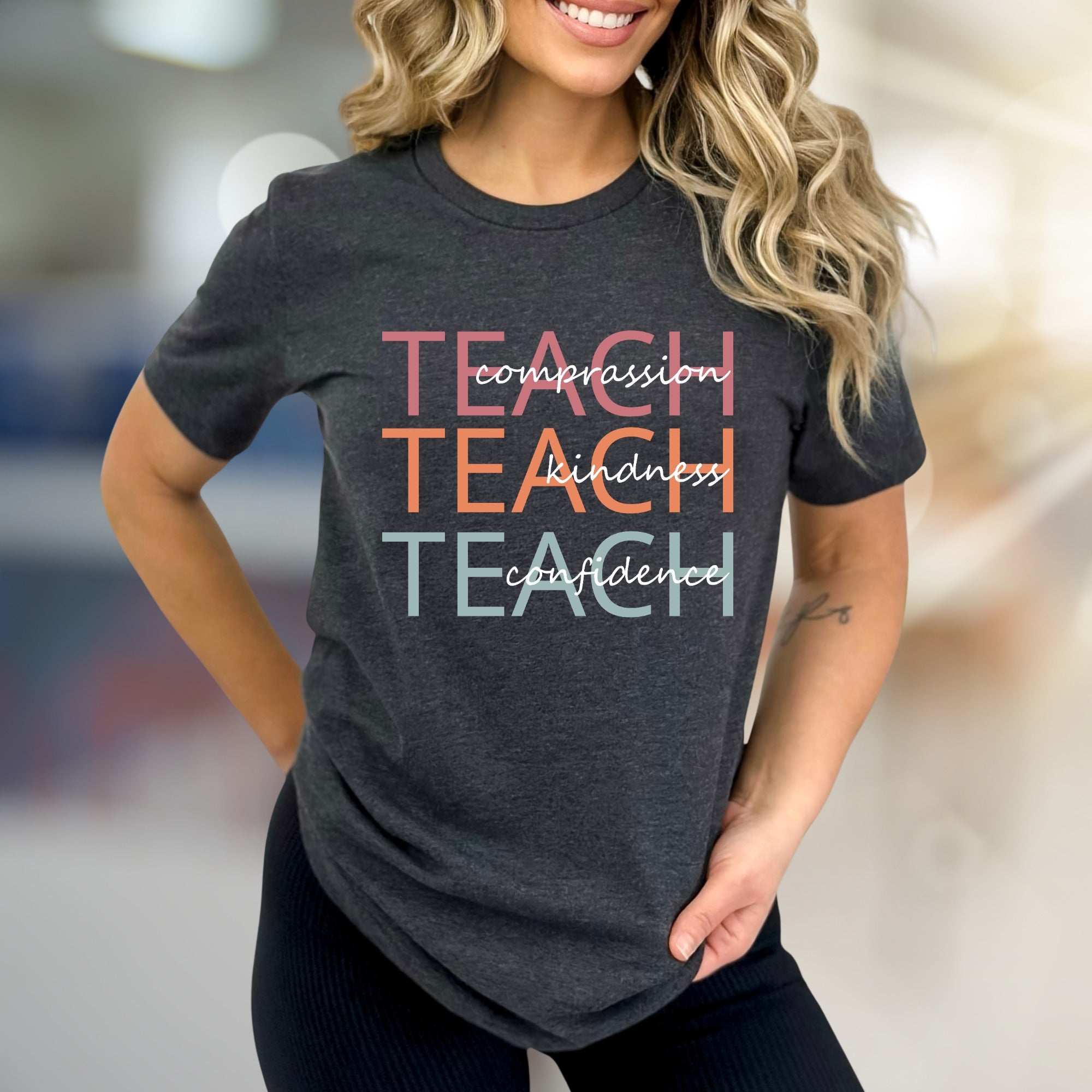 "Teach Compassion, Kindness, Confidence" Modern Educational Graphic Tee, a Thoughtful Pick for Educators