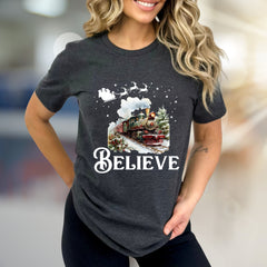 "BELIEVE" Christmas Train Graphic Tee, a Winter Wonderland Pick for Holiday Enthusiasts