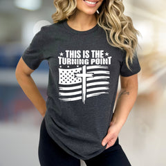 "THIS IS THE TURNING POINT" American Flag Cross Graphic Tee, a Faith-Inspired Statement