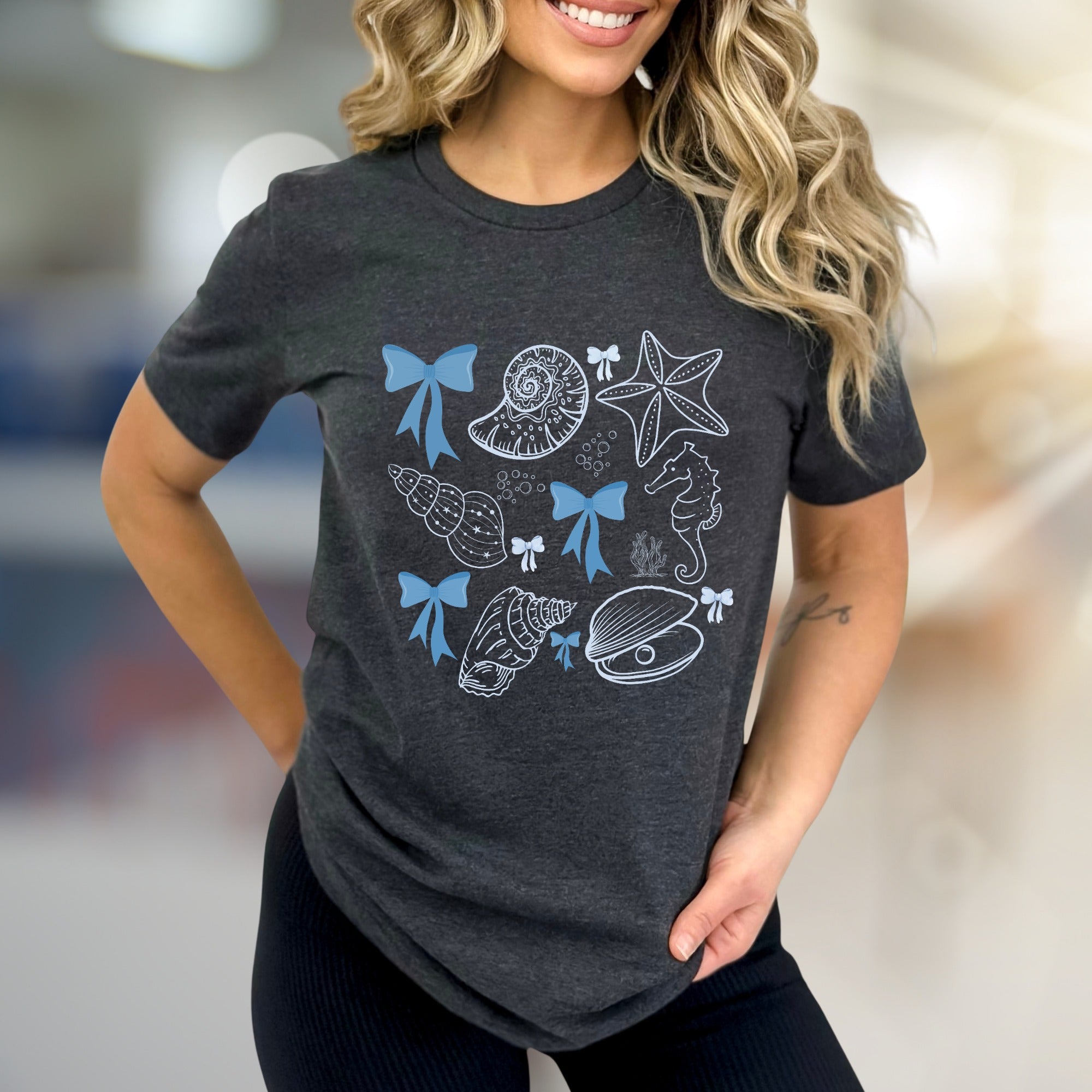 Oceanic Bows & Seashells Graphic Tee, a Whimsical Coastal Pick for Beach Lovers