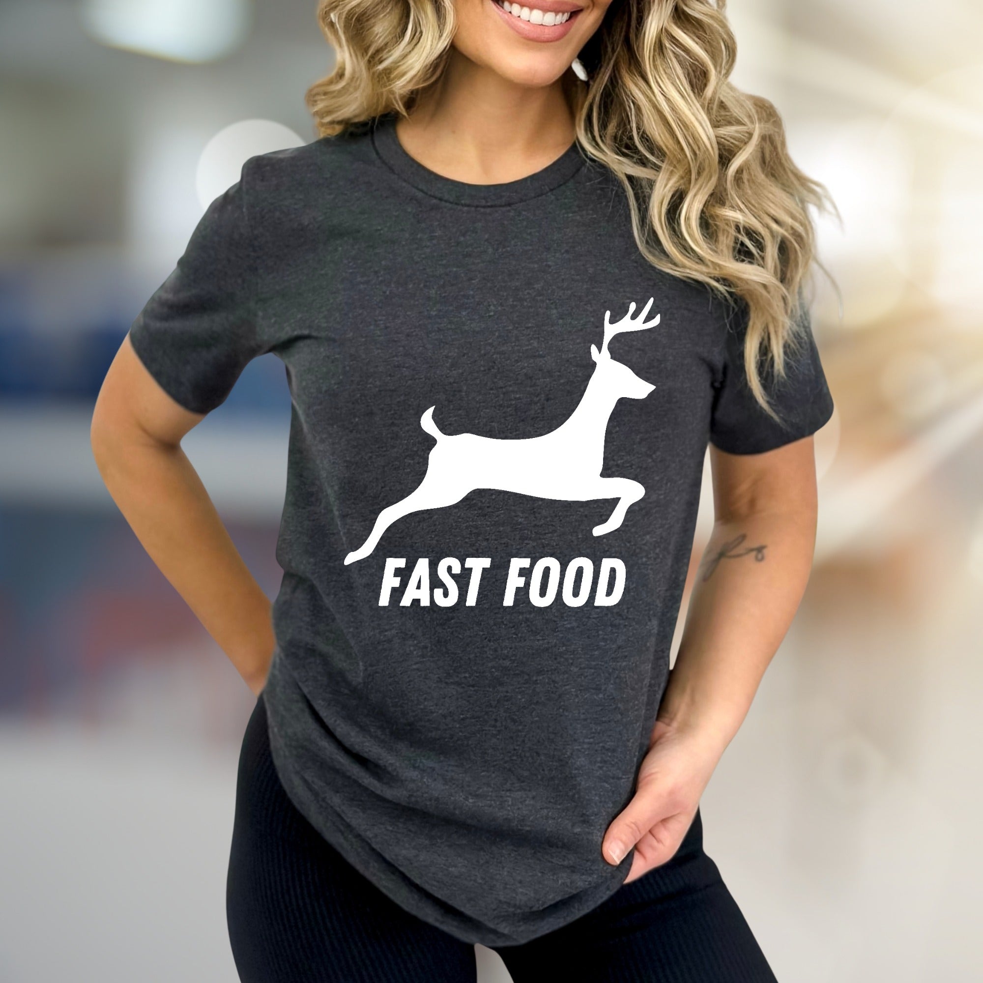 "Fast Food" Hunter Deer Graphic Tee, a Humorous Outdoorsy Pick for Enthusiasts