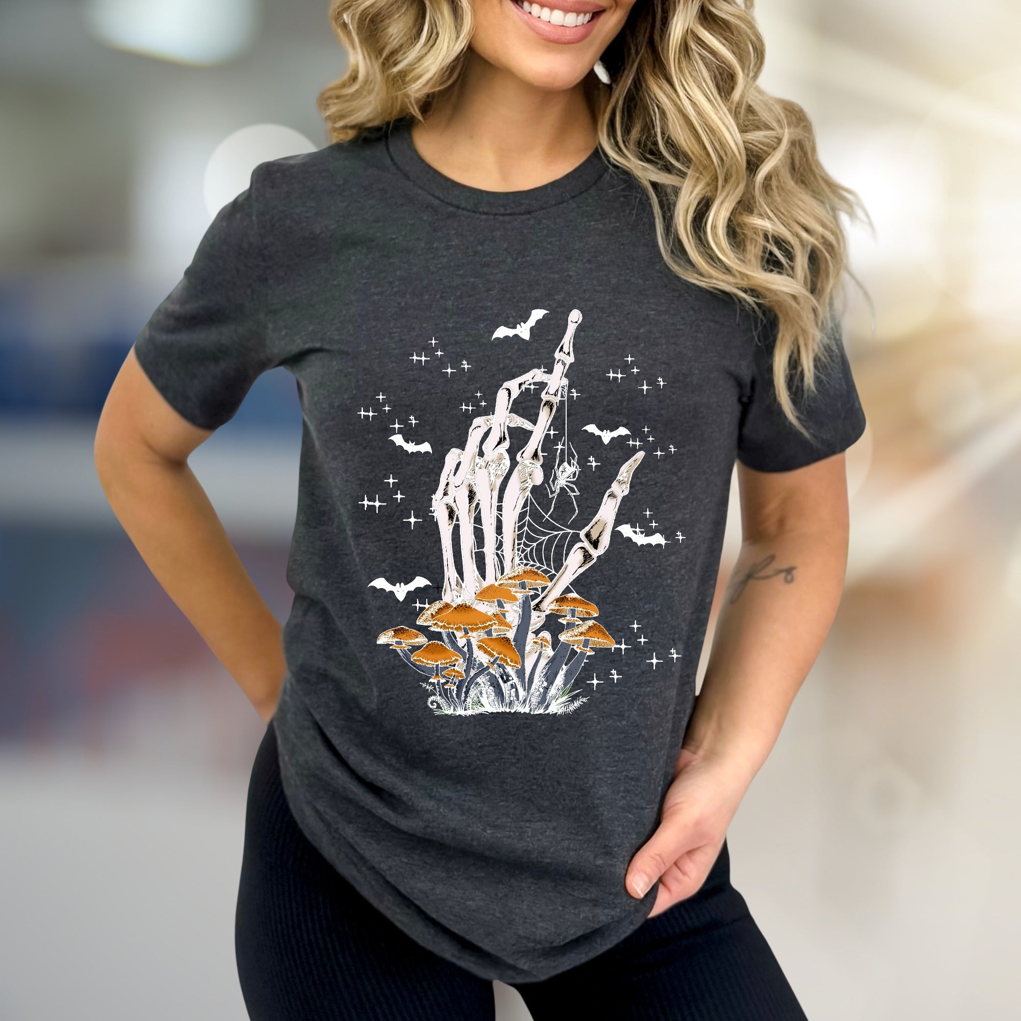 Skeleton Hand Mushroom Graphic Tee, a Spooky-Cute Pick for Halloween Lovers