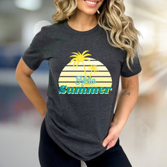 "Hello Summer" Tropical Sunset Graphic Tee, a Vacation Vibes Pick for Beach Lovers