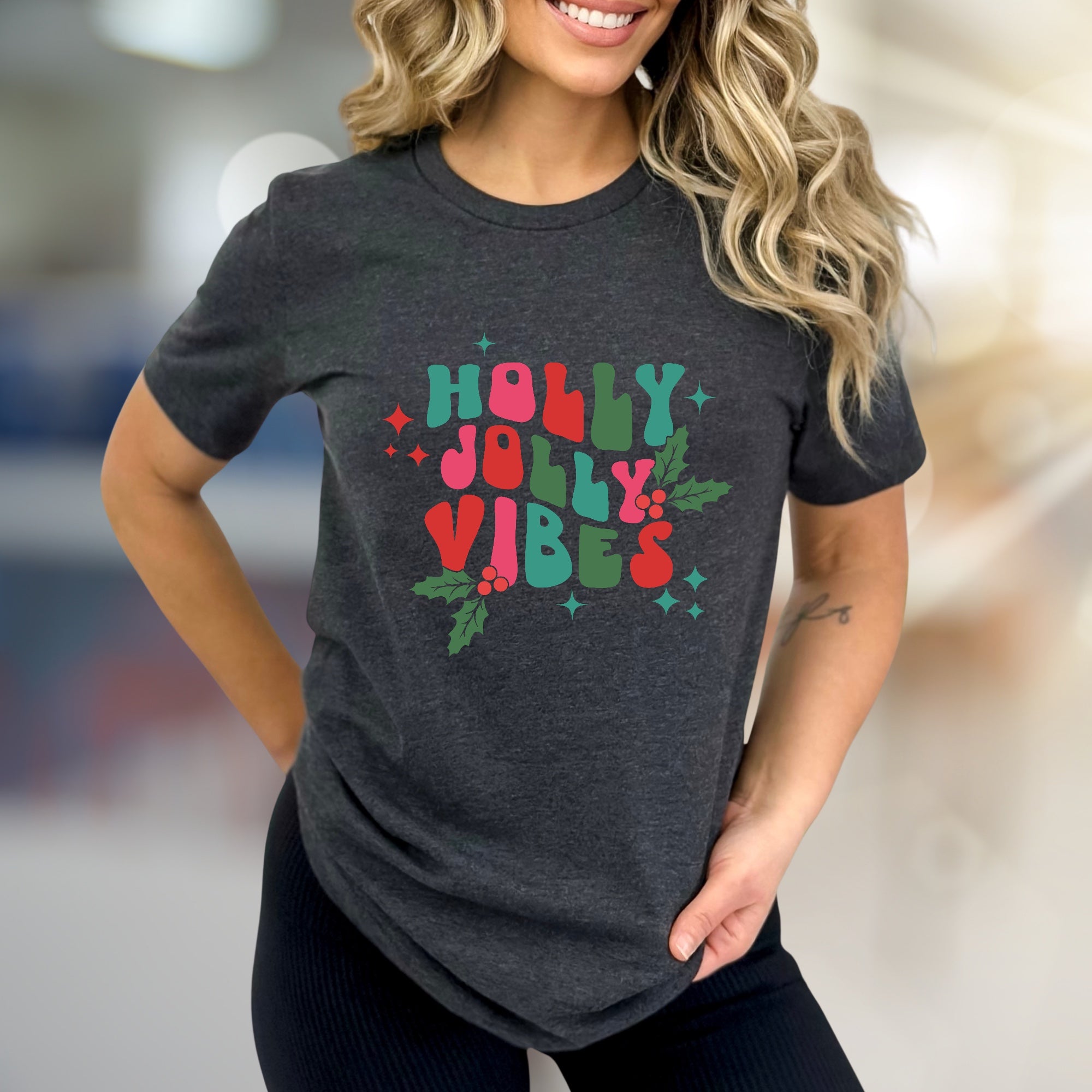 "Holly Jolly Vibes" Retro Holiday Graphic Tee, a Festive Pick for Christmas Lovers