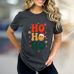 "HO HO HO" Retro Smiley Graphic Tee, a Festive Holiday Pick for Merrymakers