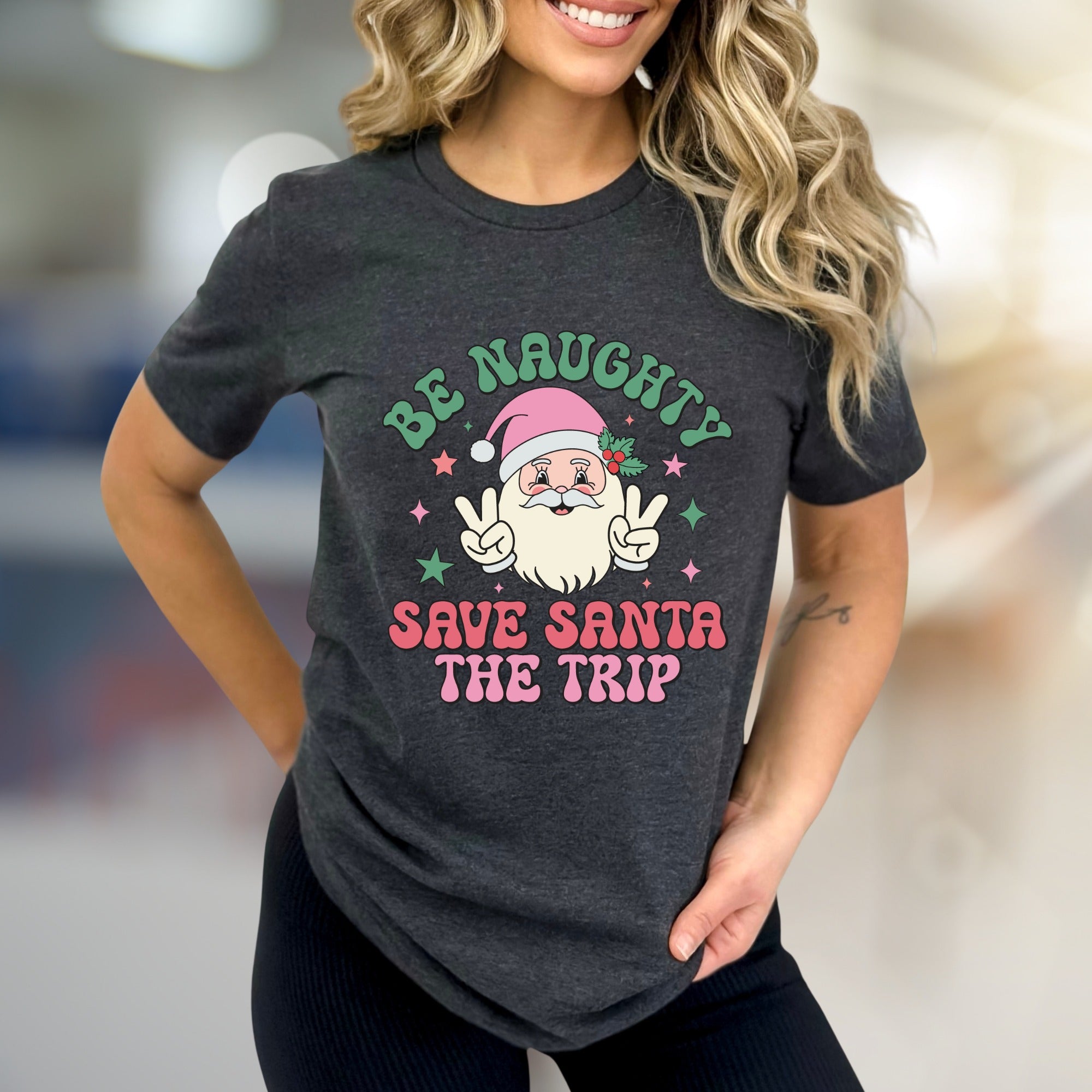 "Be Naughty Save Santa The Trip" Groovy Santa Graphic Tee, a Funny Christmas Pick for Holiday Lovers