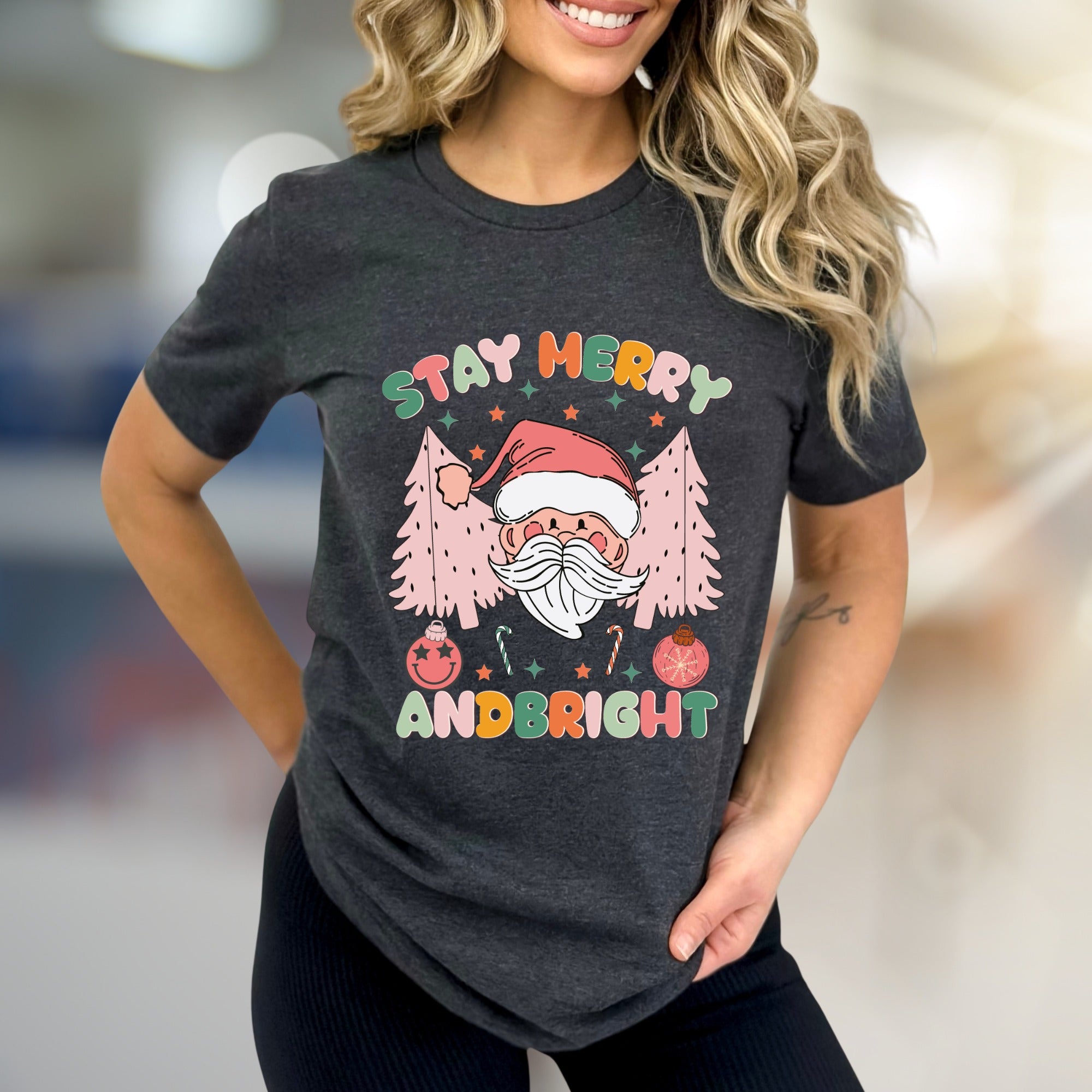 "Stay Merry and Bright" Festive Santa Graphic Tee, a Whimsical Holiday Pick for Everyone