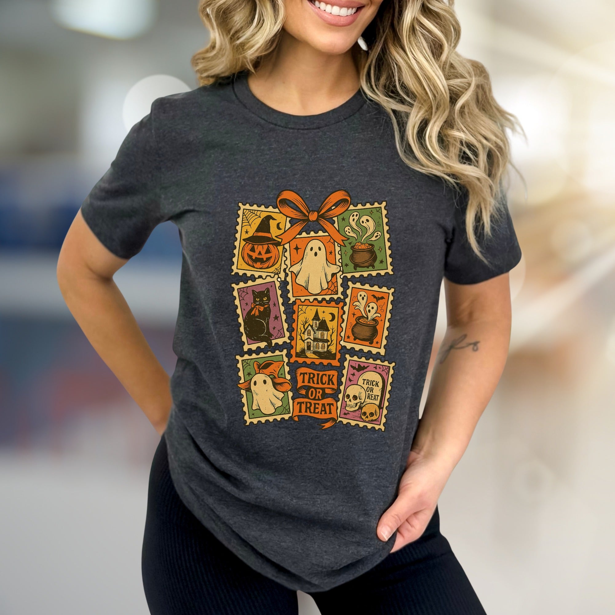 "TRICK OR TREAT" Vintage Halloween Stamp Graphic Tee, a Spooky Pick for Festive Souls