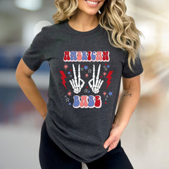 "AMERICAN BABE" Retro Patriotic Skeleton Tee, a Groovy Pick for Free Spirits