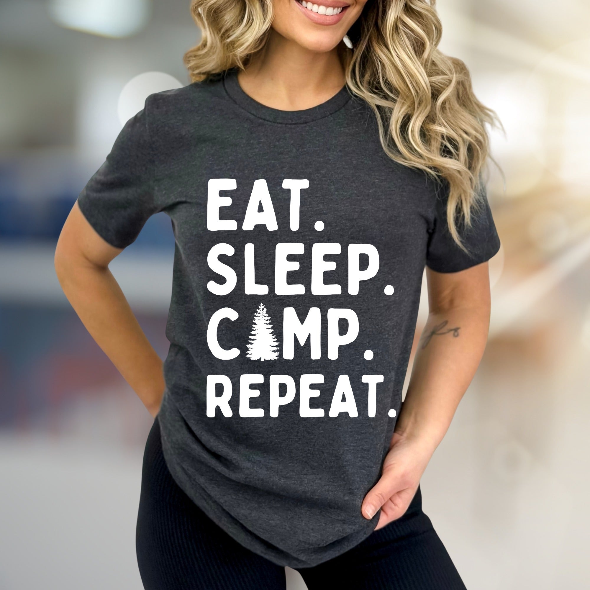 "Eat Sleep Camp Repeat" Outdoors Graphic Tee, a Nature Lover's Pick for Adventurers