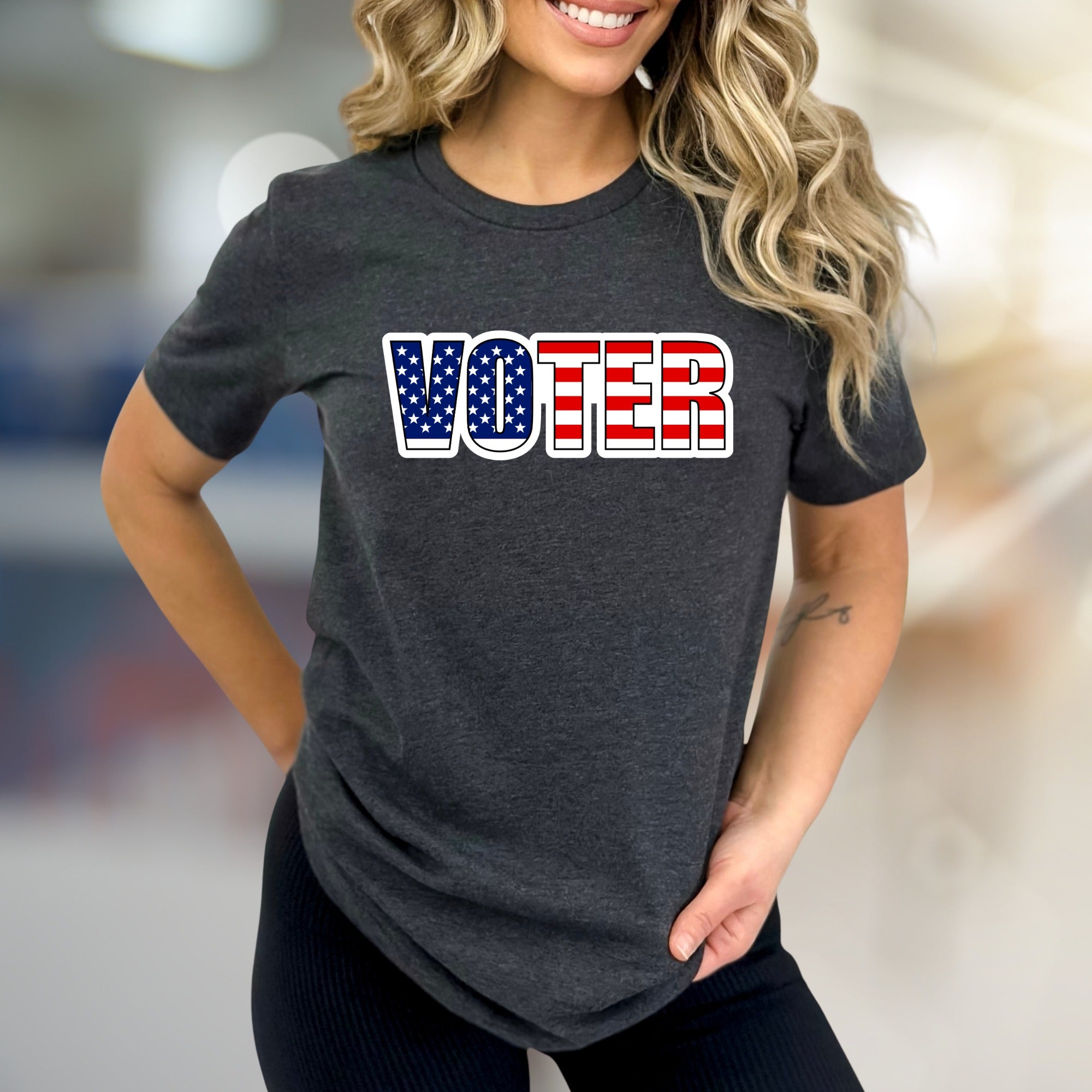 "VOTER" American Flag Graphic Tee, a Patriotic Pick for Engaged Citizens