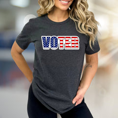 "VOTER" American Flag Graphic Tee, a Patriotic Pick for Engaged Citizens