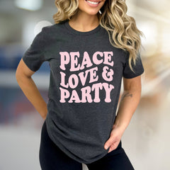 "Peace Love & Party" Groovy Graphic Tee, a Retro-Vibe Pick for Free Spirits