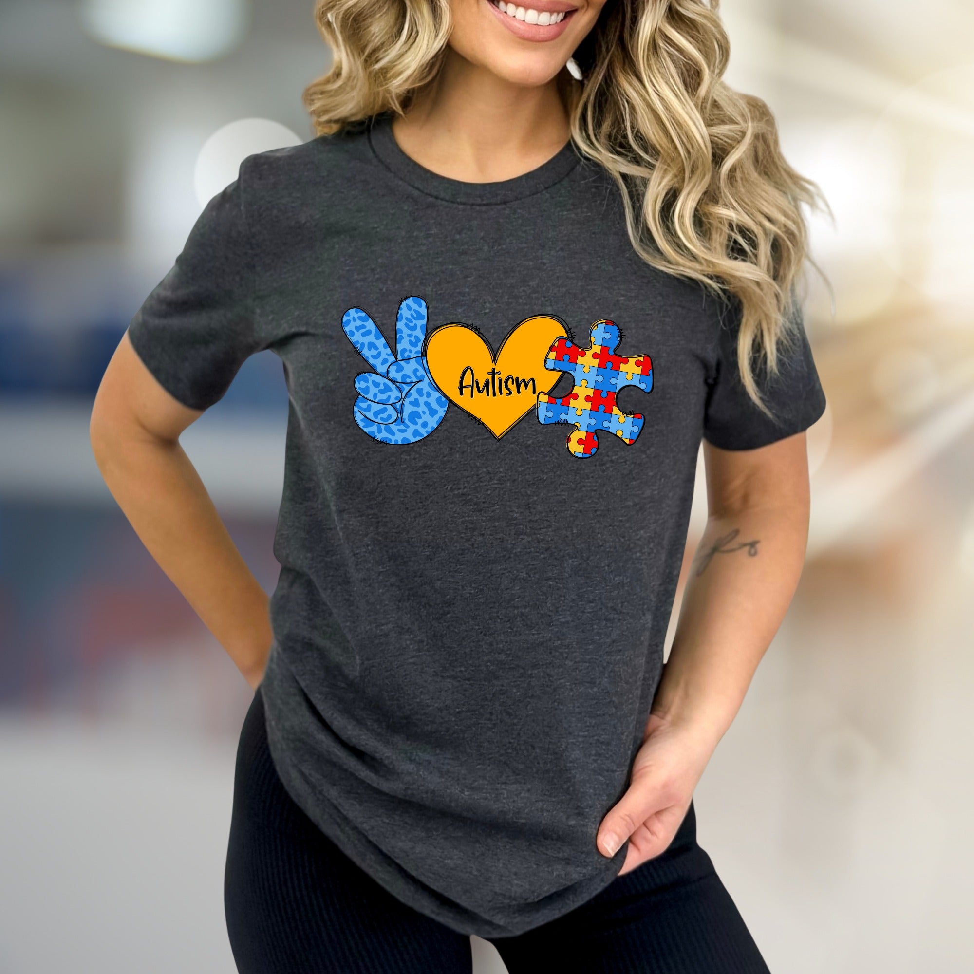 “Autism” Peace, Love & Puzzle Graphic Tee, a Supportive Awareness Pick for Advocates