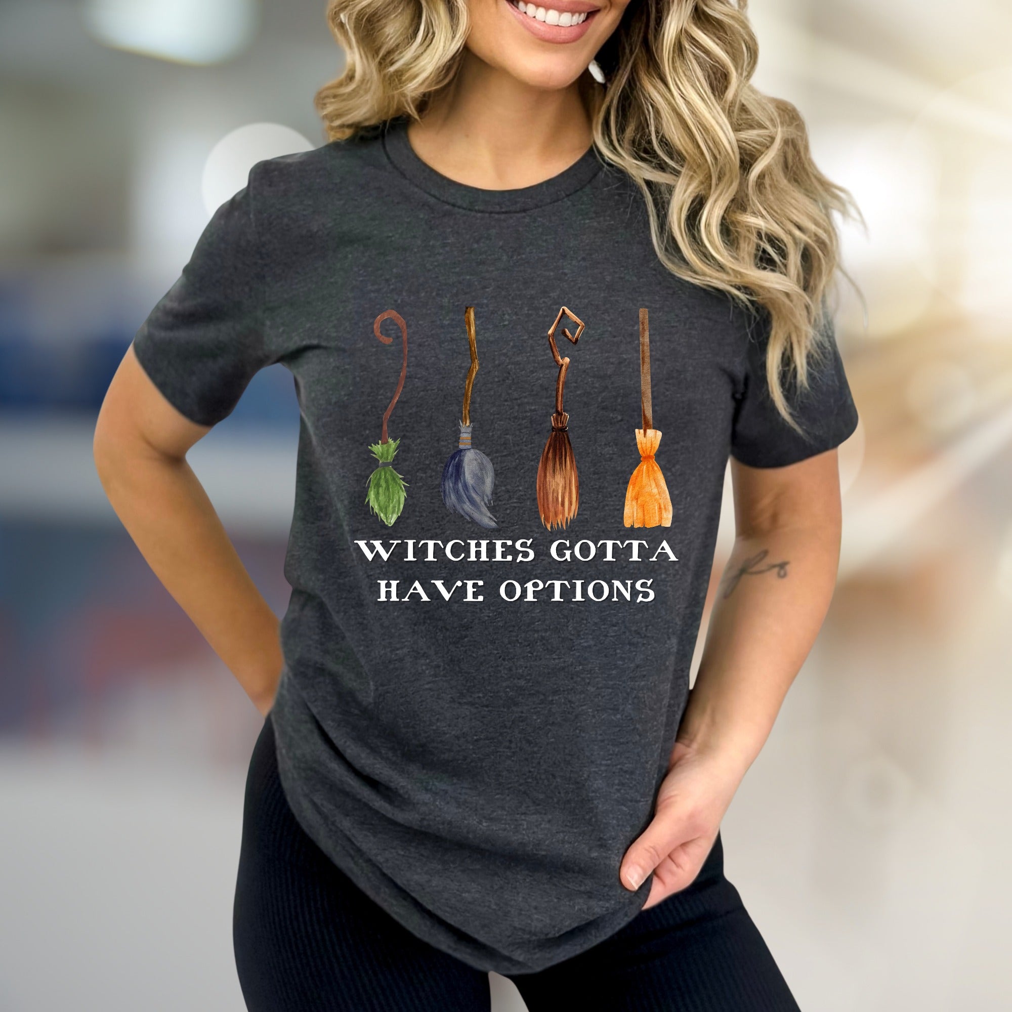 "Witches Gotta Have Options" Halloween Broomstick Graphic Unisex Tee, a Witchy Pick for Spooky Season Enthusiasts