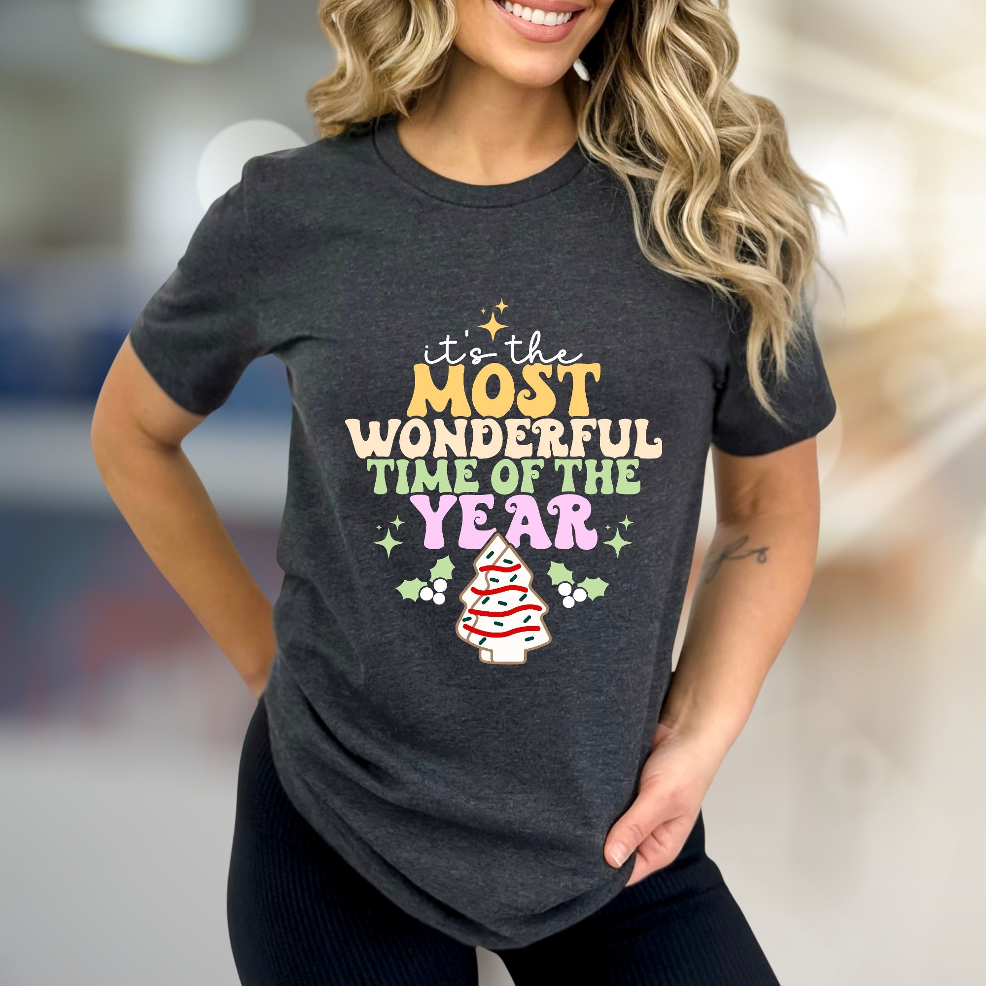 "It's the Most Wonderful Time of the Year" Whimsical Christmas Tree Graphic Tee, a Festive Holiday Pick for Everyone