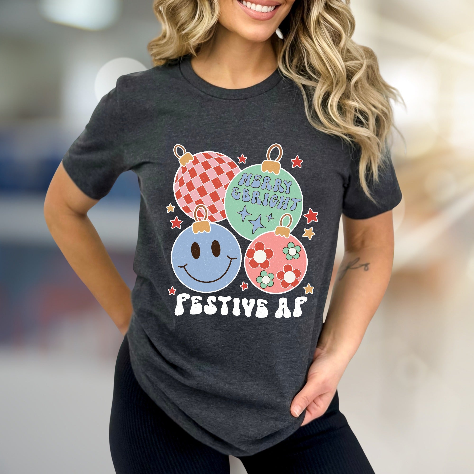 "Festive AF" Retro Holiday Ornaments Tee, a Groovy Christmas Pick for Everyone