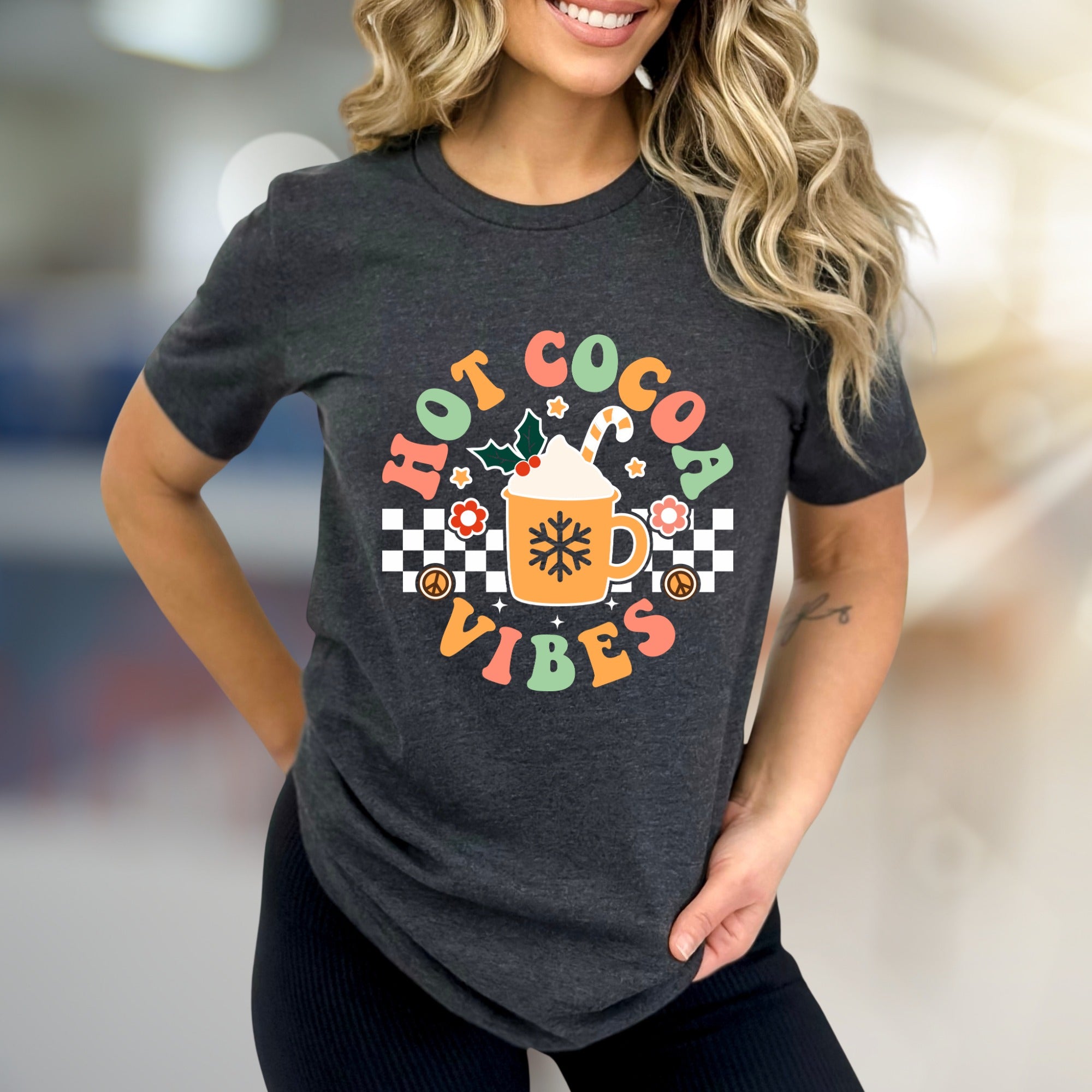 "Hot Cocoa Vibes" Retro Graphic Tee, a Whimsical Pick for Winter Lovers