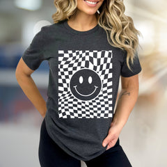 Warped Checkerboard Smiley Graphic Tee, A Retro-Inspired Pick for Free Spirits