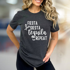 "FIESTA SIESTA TEQUILA REPEAT" Party Vibes Graphic Tee, a Fun Pick for Celebrators