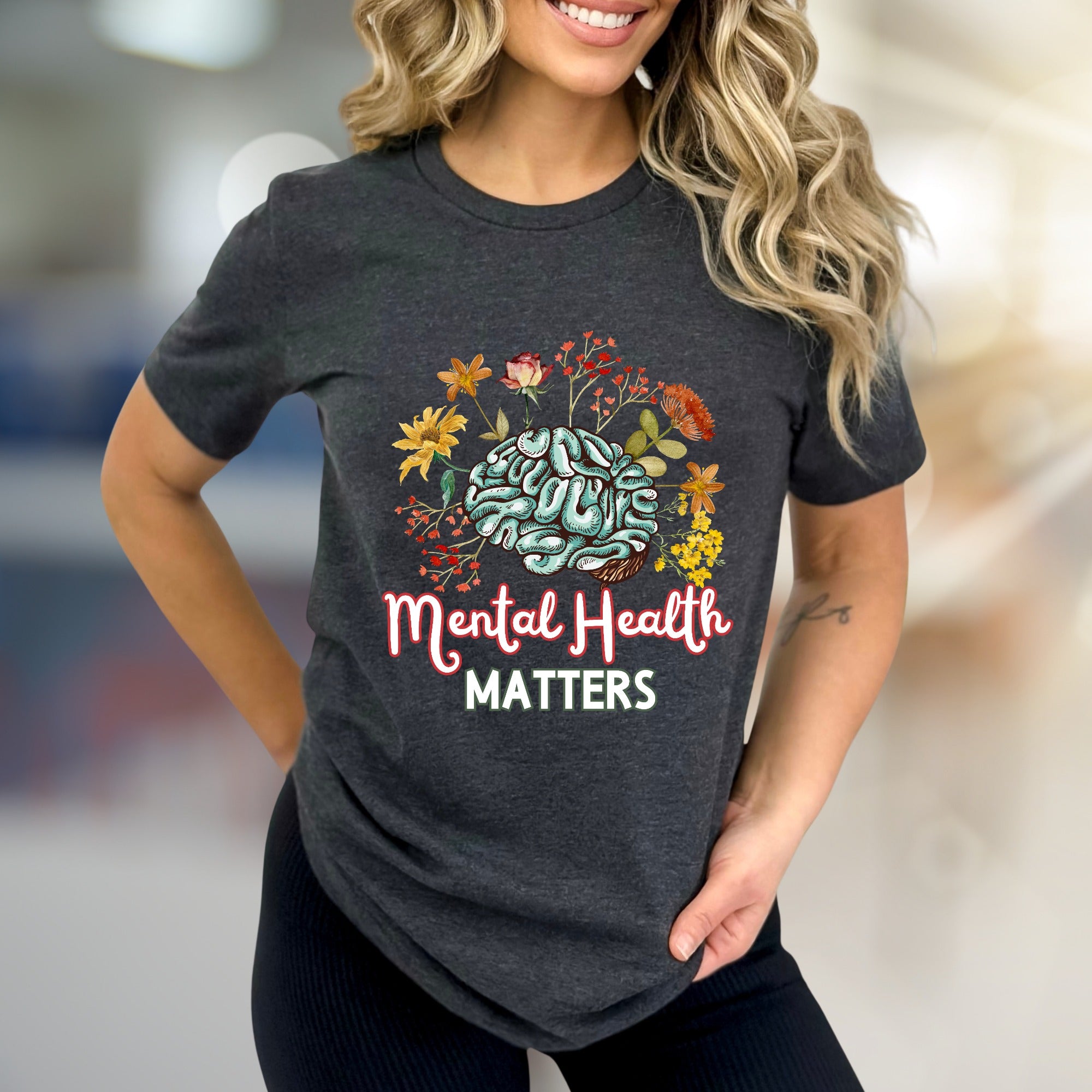 "Mental Health Matters" Floral Brain Graphic Tee, a Wellness Pick for Advocates
