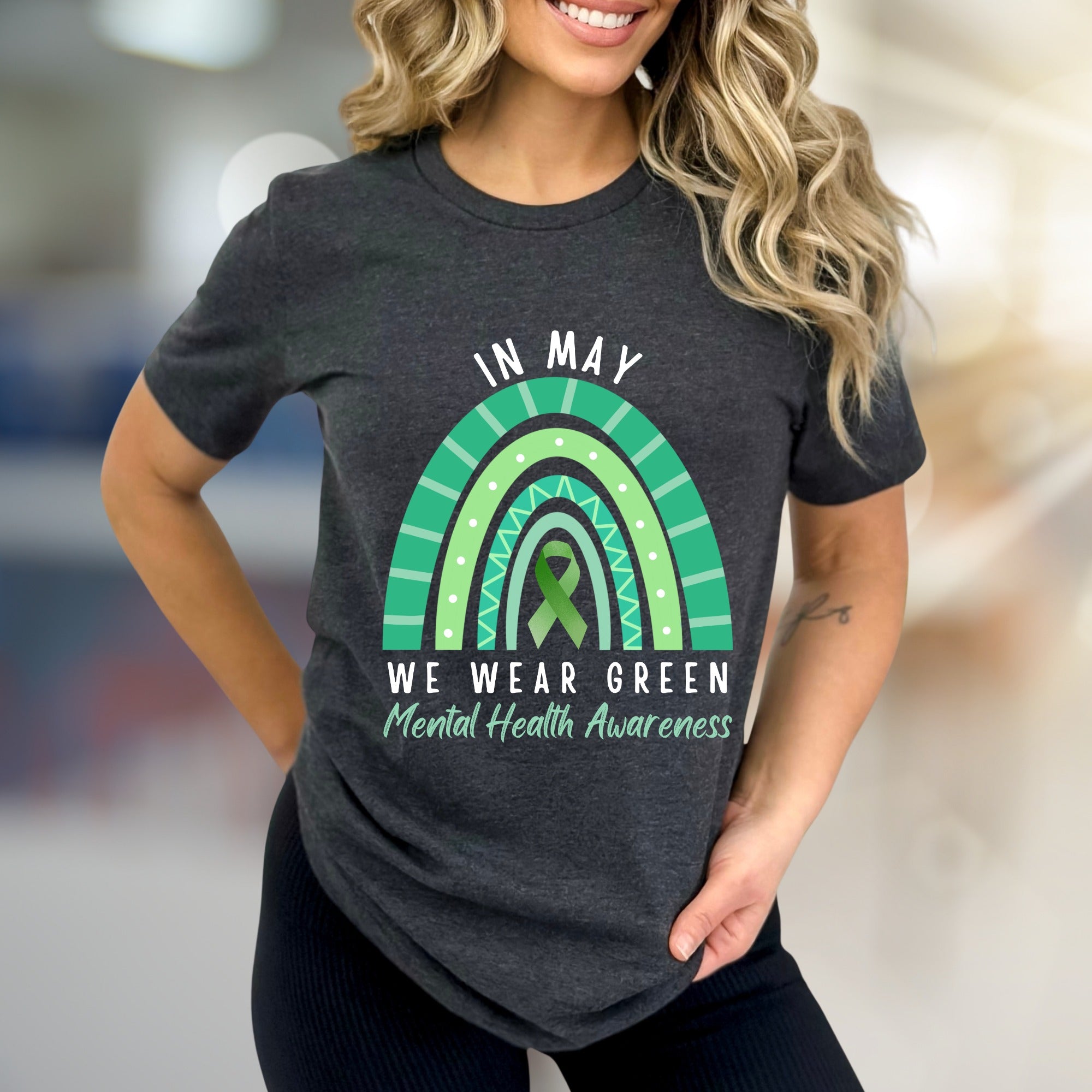 "IN MAY WE WEAR GREEN" Mental Health Awareness Rainbow Graphic Tee, a Supportive Expression for Advocates